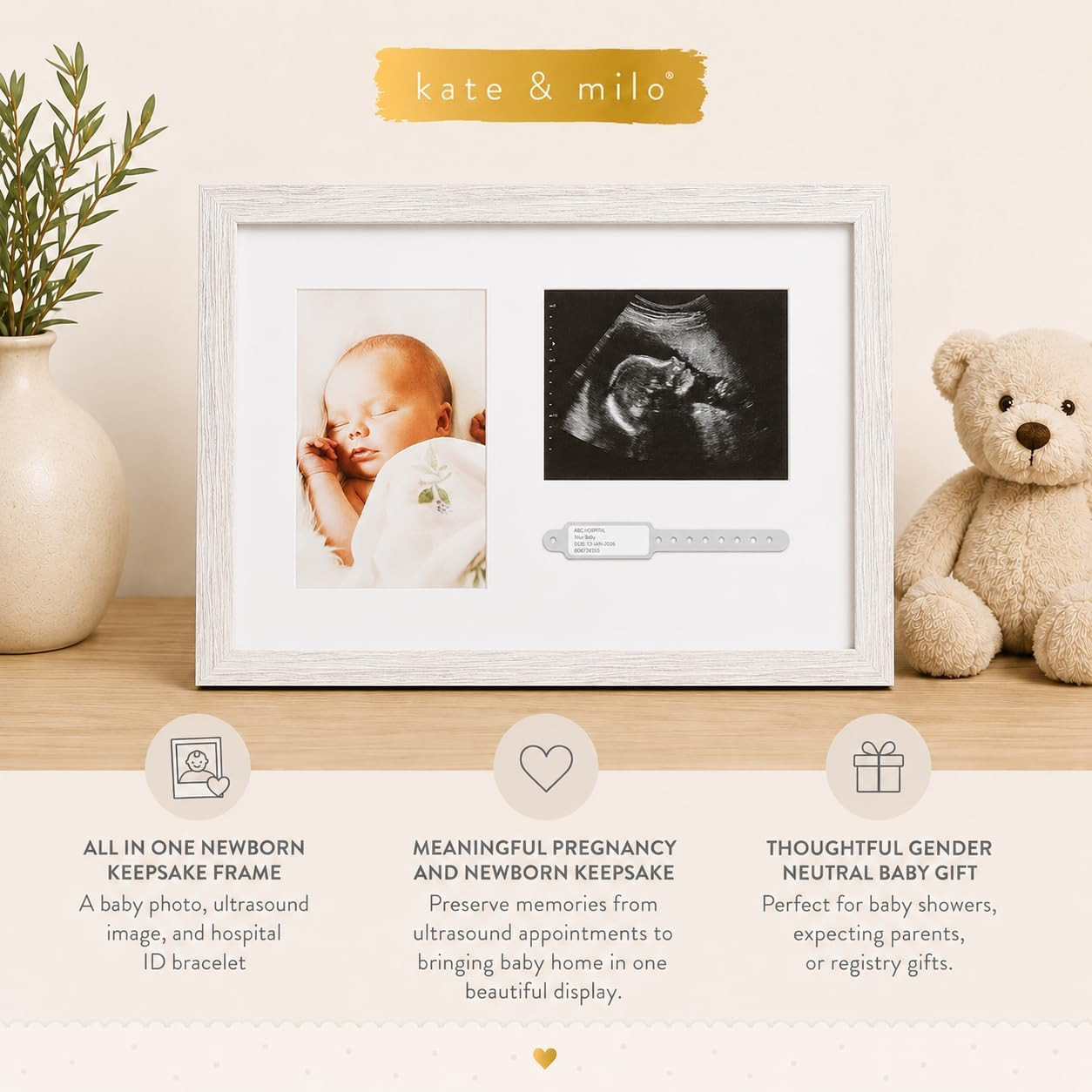 Rustic Baby Keepsake Frame with Sonogram, Photo and Hospital ID Bracelet Display