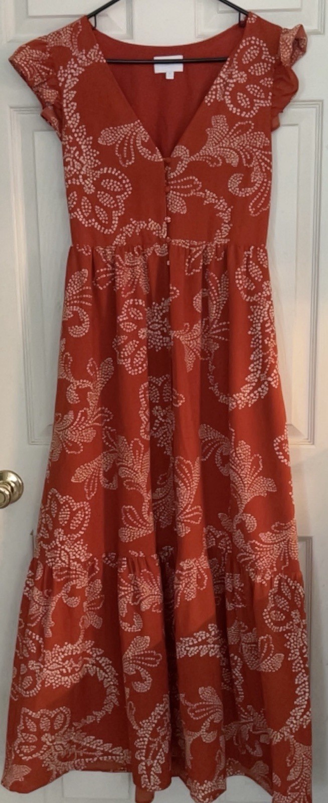 SugarLips Women’s Orange White Floral V-Neck Flutter Sleeve Smocked Maxi M