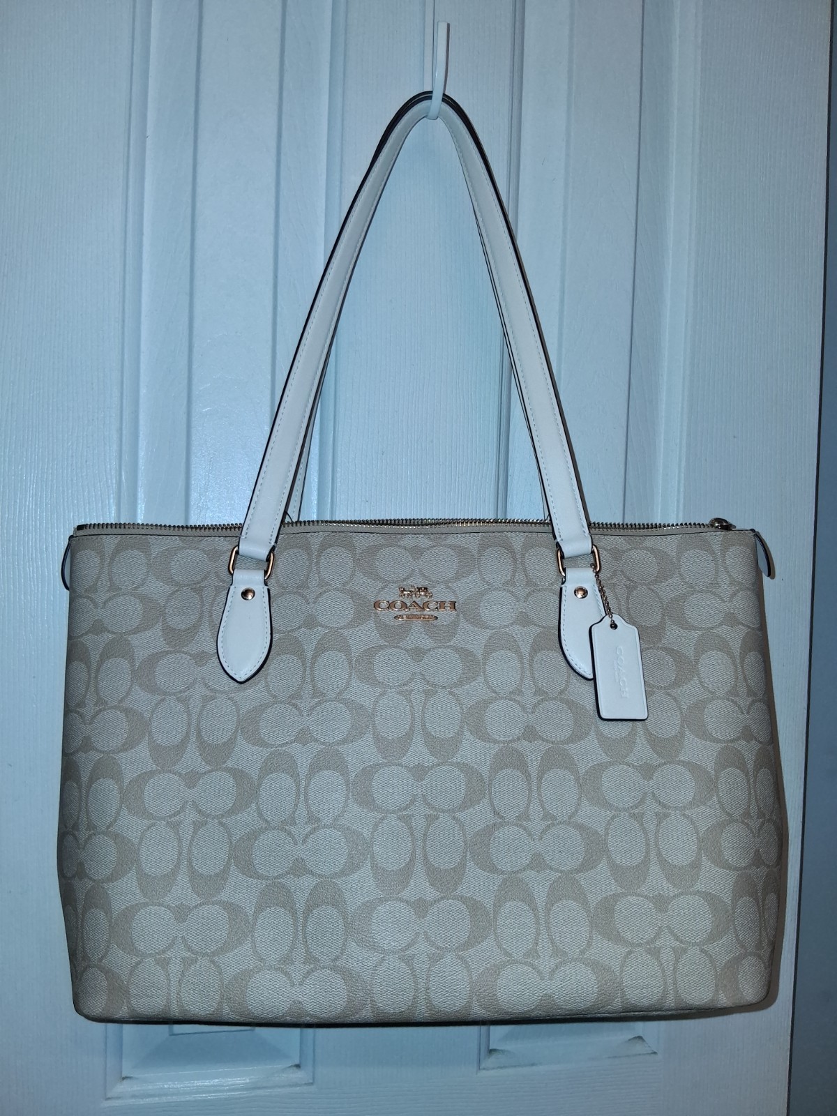 Coach CH504 Cream, Tan Canvas and Leather Signature Gallery Tote Bag Purse