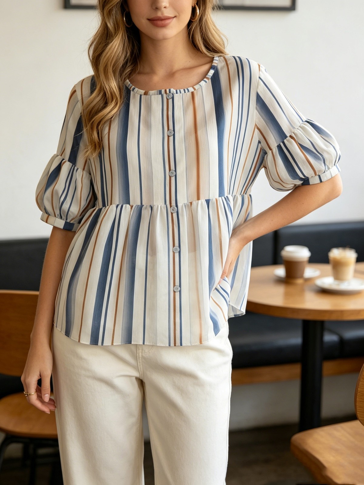 Short Puff Sleeve Crew Neck Button Shirt Light Breathable Cozy Daily Wear Blouse