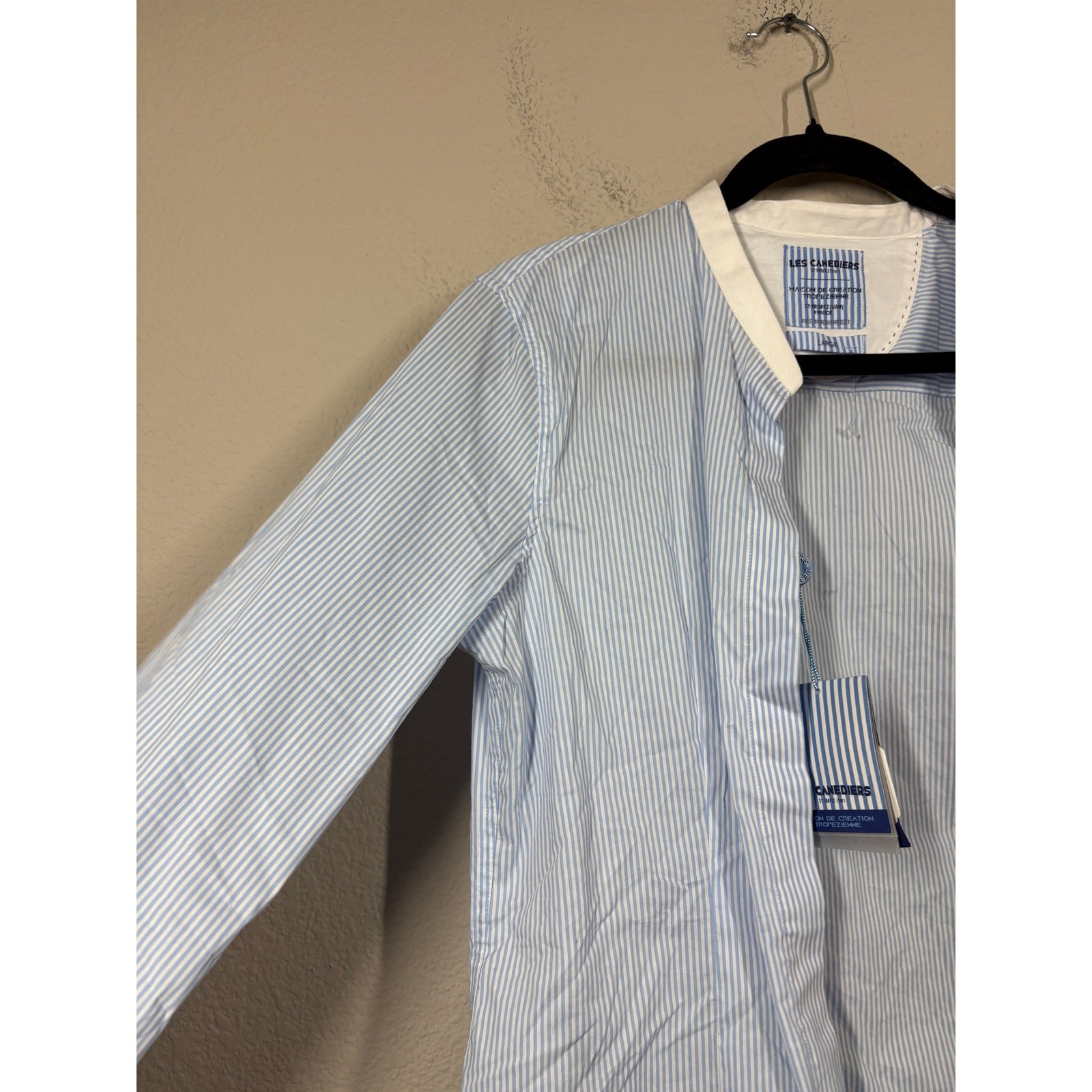 Les Canebiers Large Flat Collared Button Up Shirt Sky Blue Striped Cotton Blend