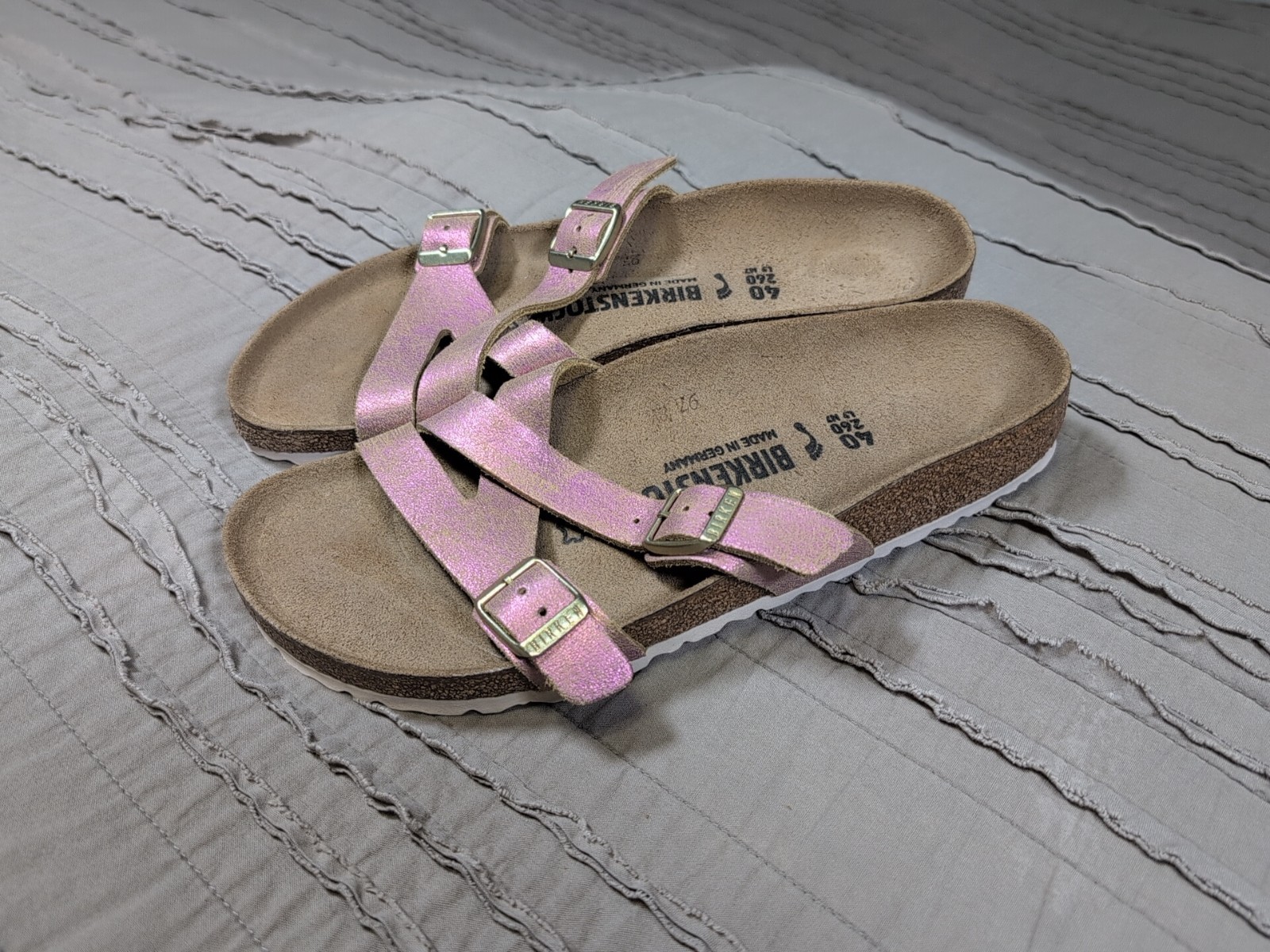 Birkenstock Yao Balance Washed Pink Metallic Suede Slide Sandal W9 M7 Narrow 40