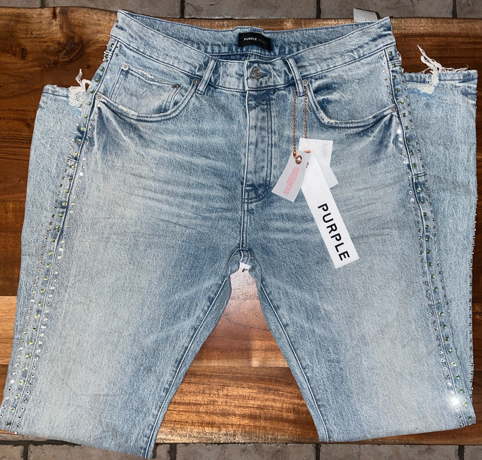 Designer Jeans • Purple Brand Denim Flares Stonewash • S 36×34 • CrystalStudded
