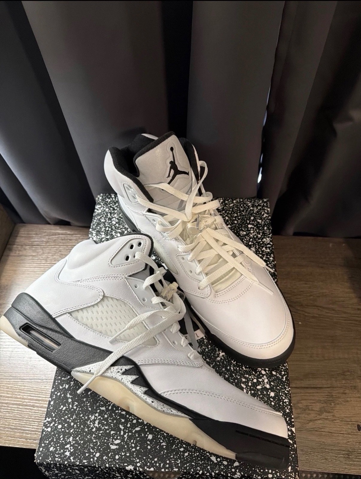 Size 15 Jordan Air Jordan 5 Retro White/Black Leather Mid Top Sneakers