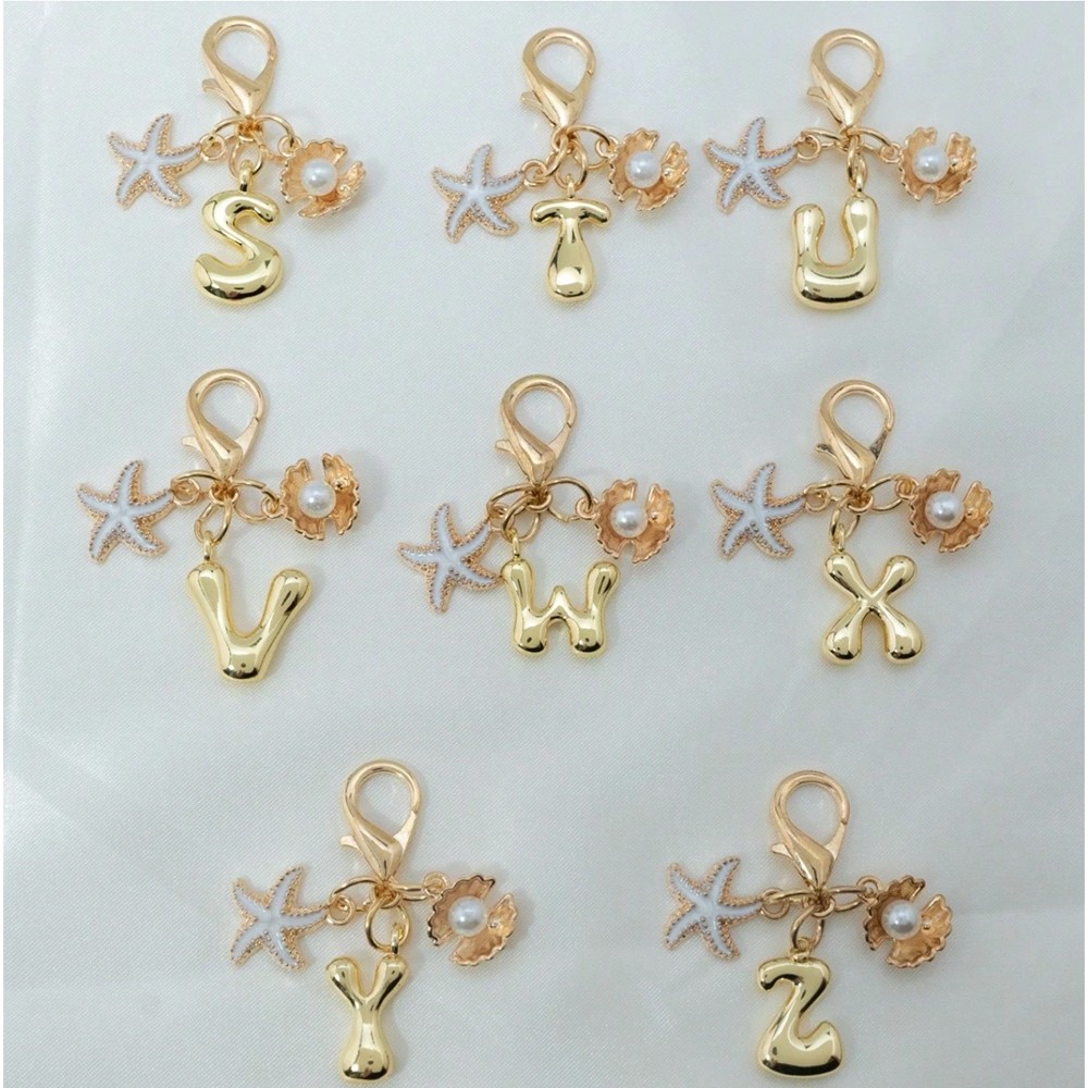 1PCS Gold A-Z Bubble Alphabet Keychain Starfish Shell Bag Charm Gift for Women