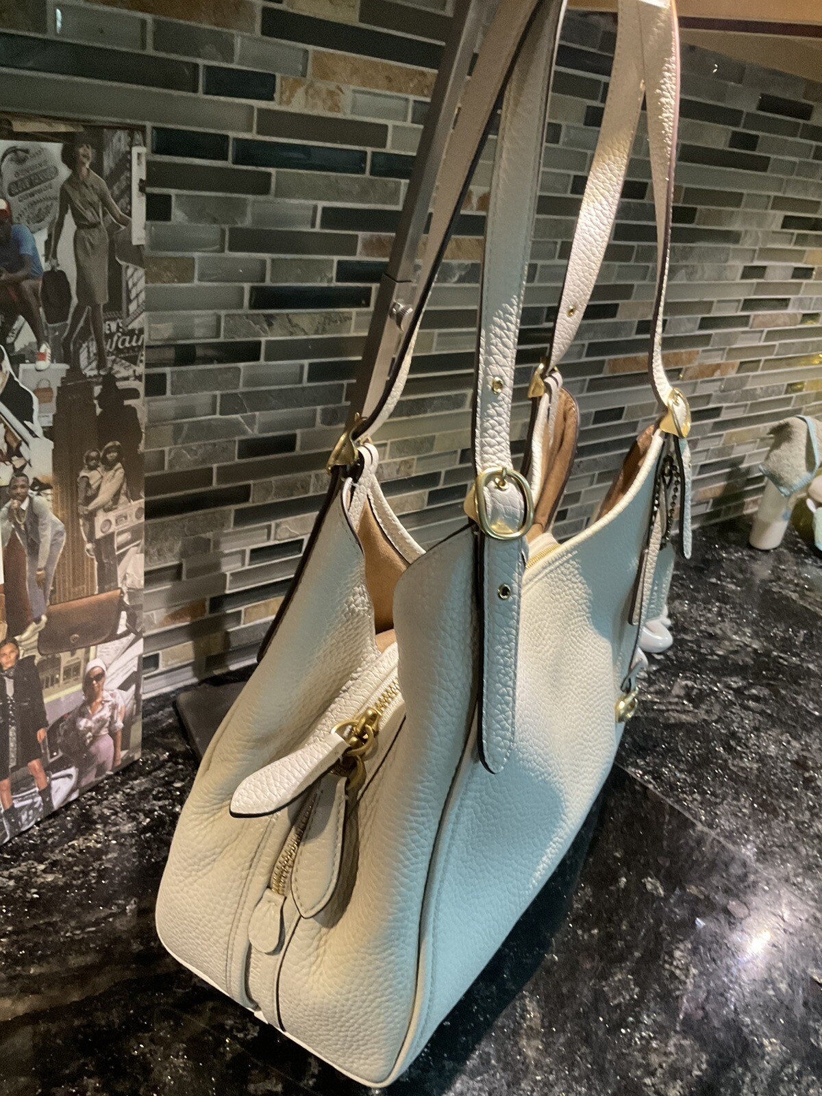 Coach Lori Suede Pebbled Leather Shoulder Bag Chalk Ivory C5265