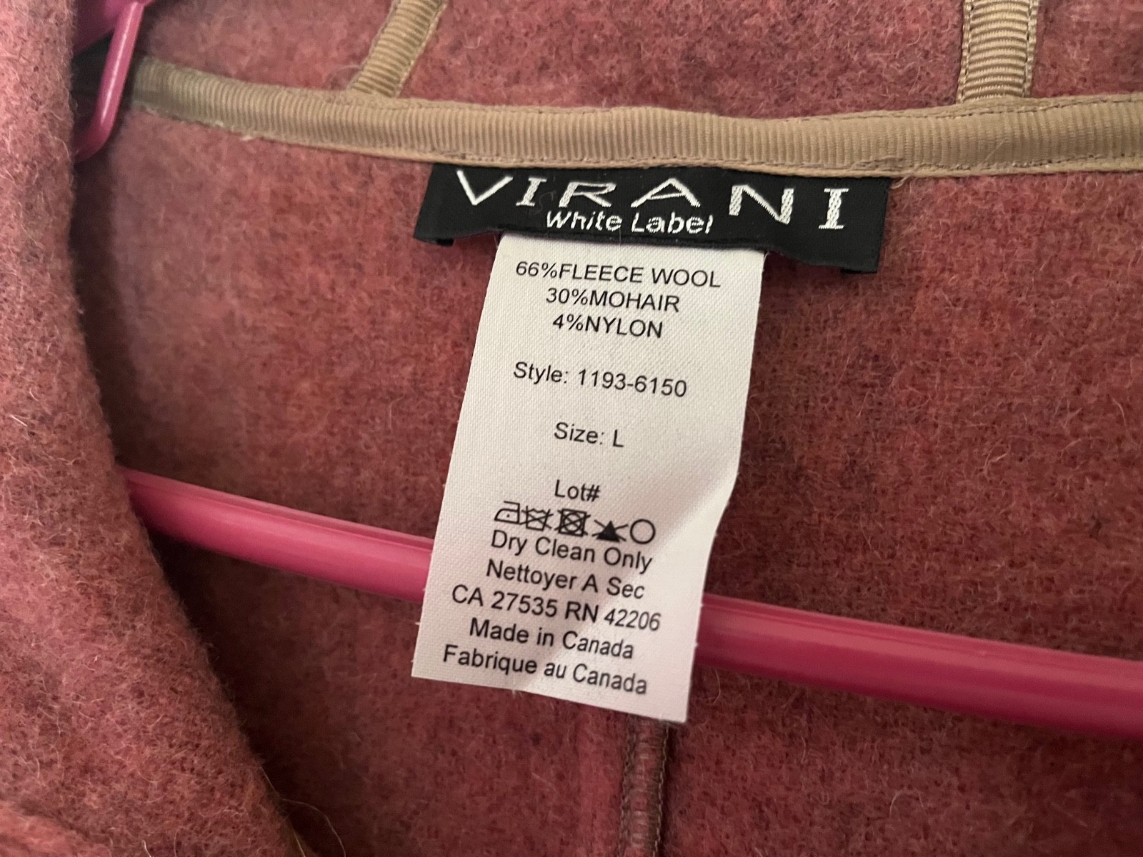 NWT Virani White Label Womens Stadium Coat, Size L, Made in Canada, Wool/Mohair