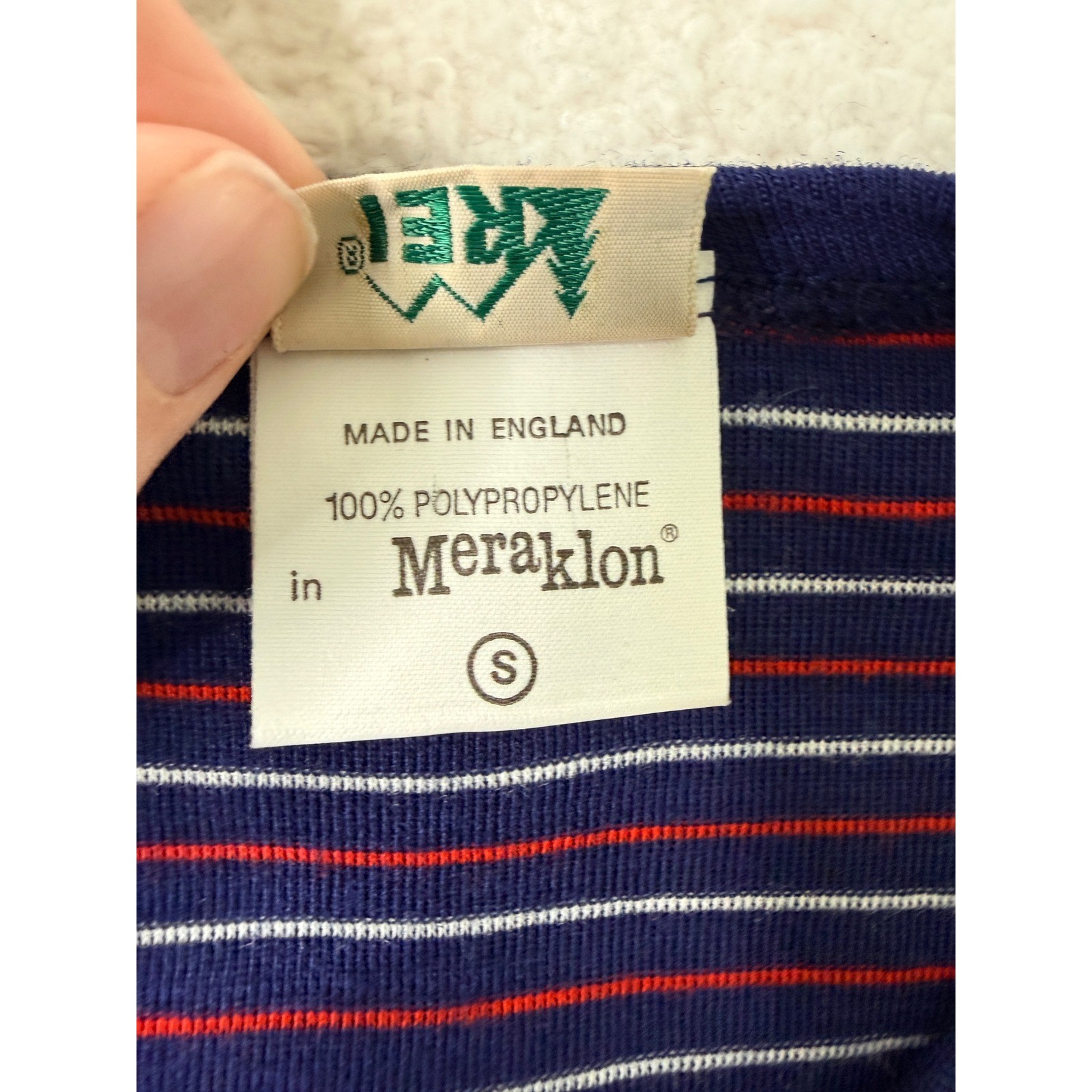 REI Vintage Meraklon Polypropylene Base Layer Top S Navy Red Striped Gorpcore