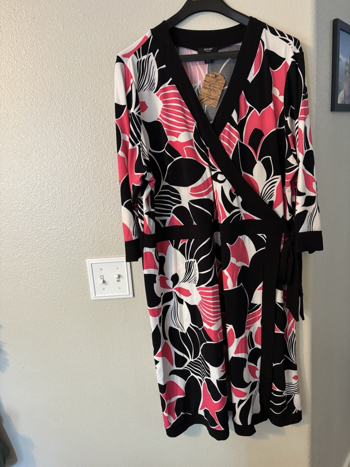 Alfani Woman Floral Faux-Wrap Dress in Coral, White & Black 3X