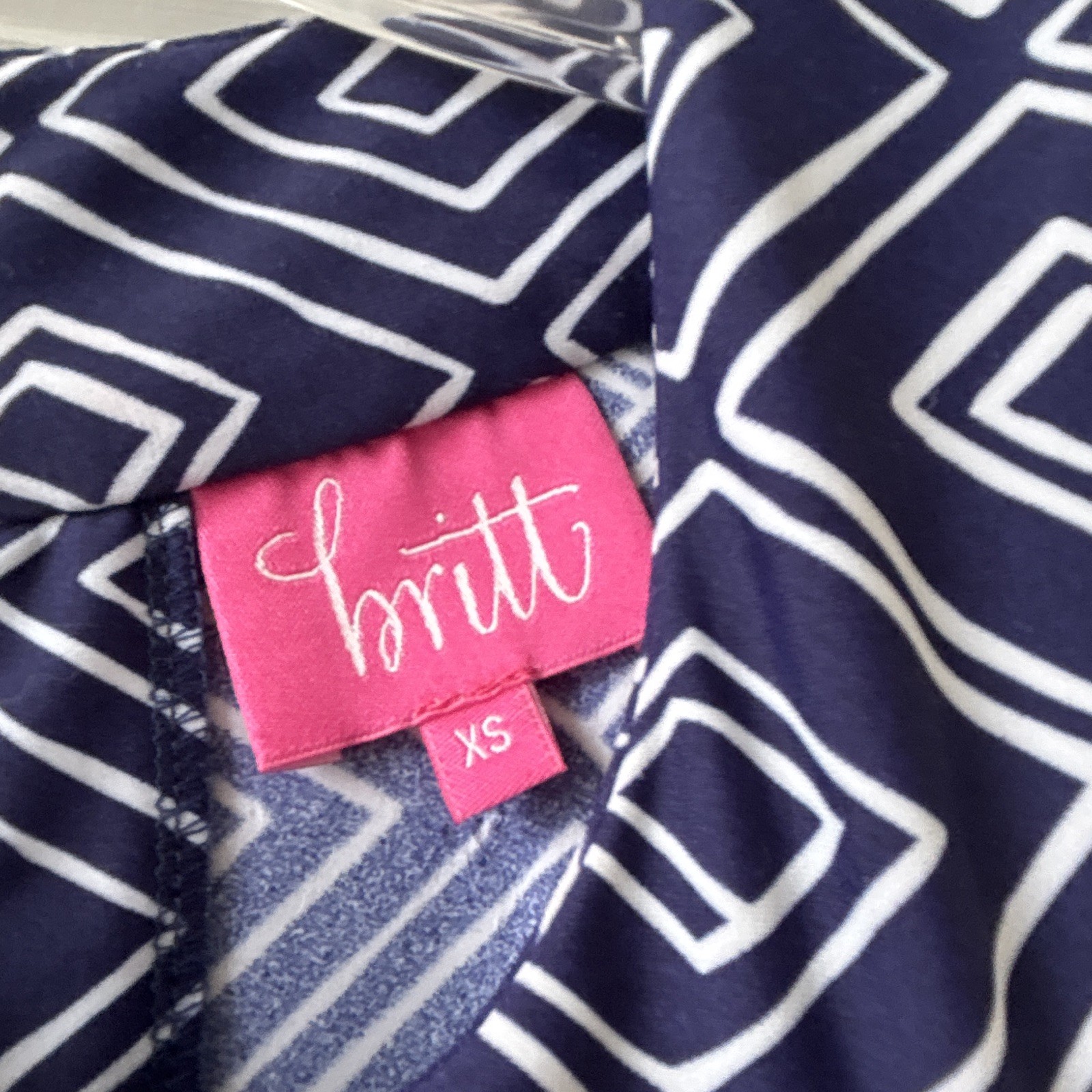 Britt Women’s Blue/White Geometric Shift Dress XS Sleeveless V-Neck Knee