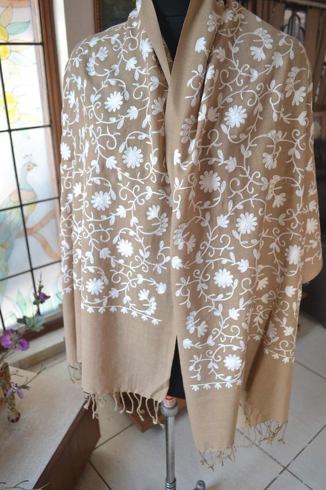 KASHMIRI PASHMINA ~FLORAL CREWEL ALL EMBROIDERY STOLE~CASHMERE :3 COLOR CHOICE