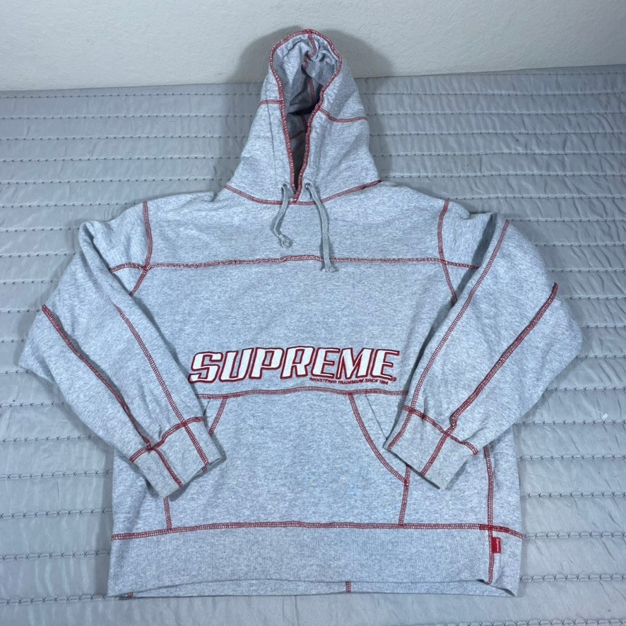 Supreme Hoodie Coverstitch Spring 2022 Red Grey Skater Streetwear Hype Beast S