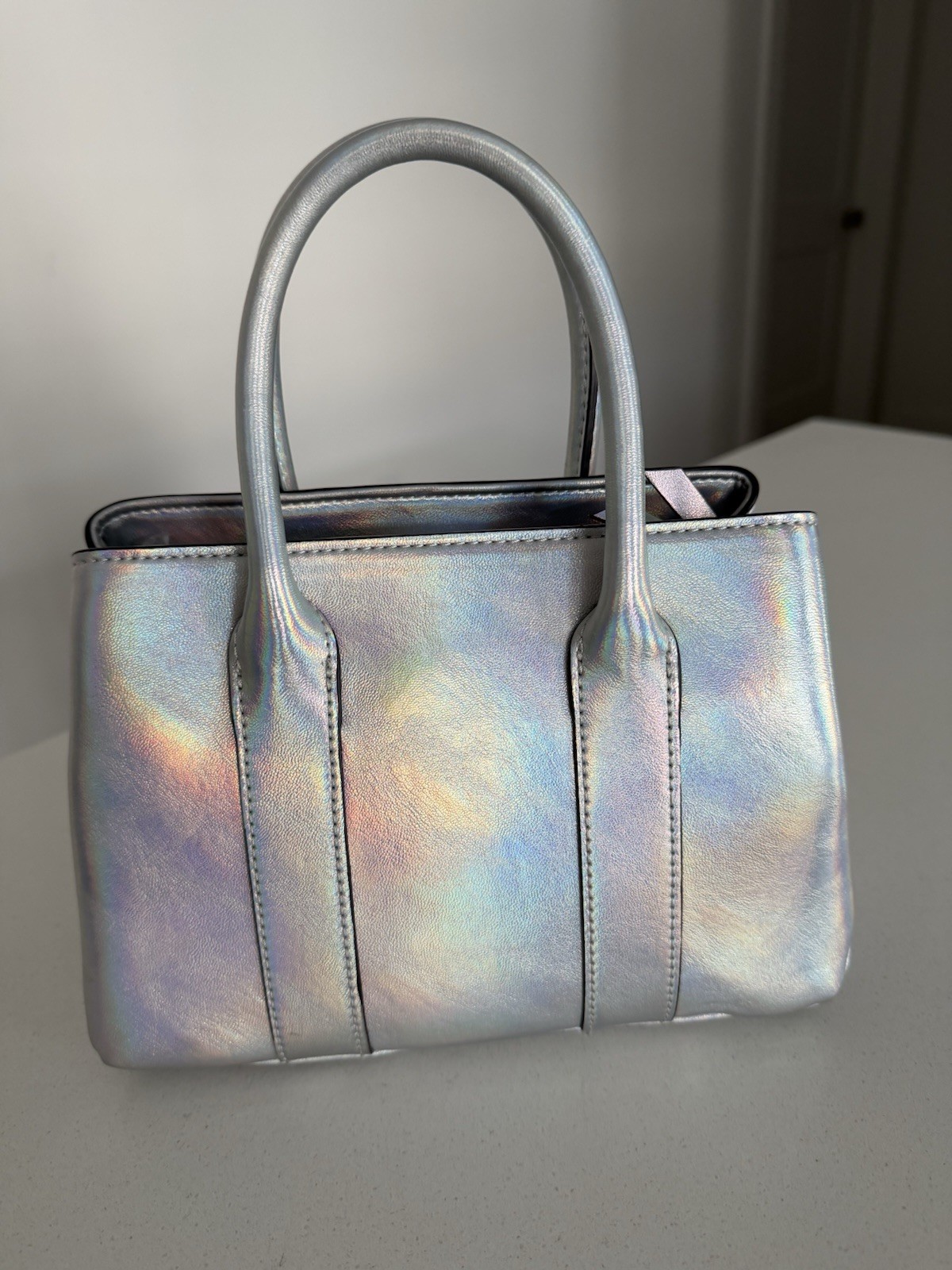 GUESS Silver Metallic Satchel Top Handle Bag Solid Logo Stitching Double Handles
