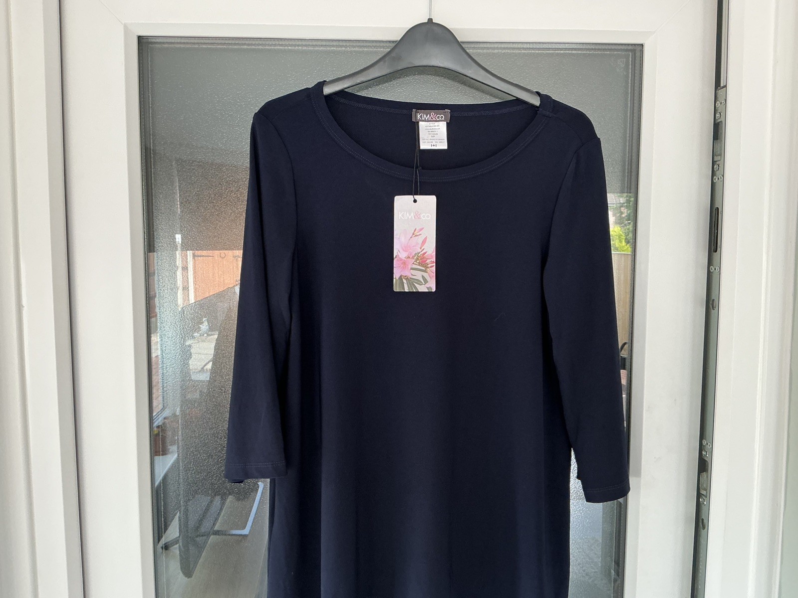Kim & Co Brazil Jersey 3/4 Sleeve Wide Neck Top Size Small Navy