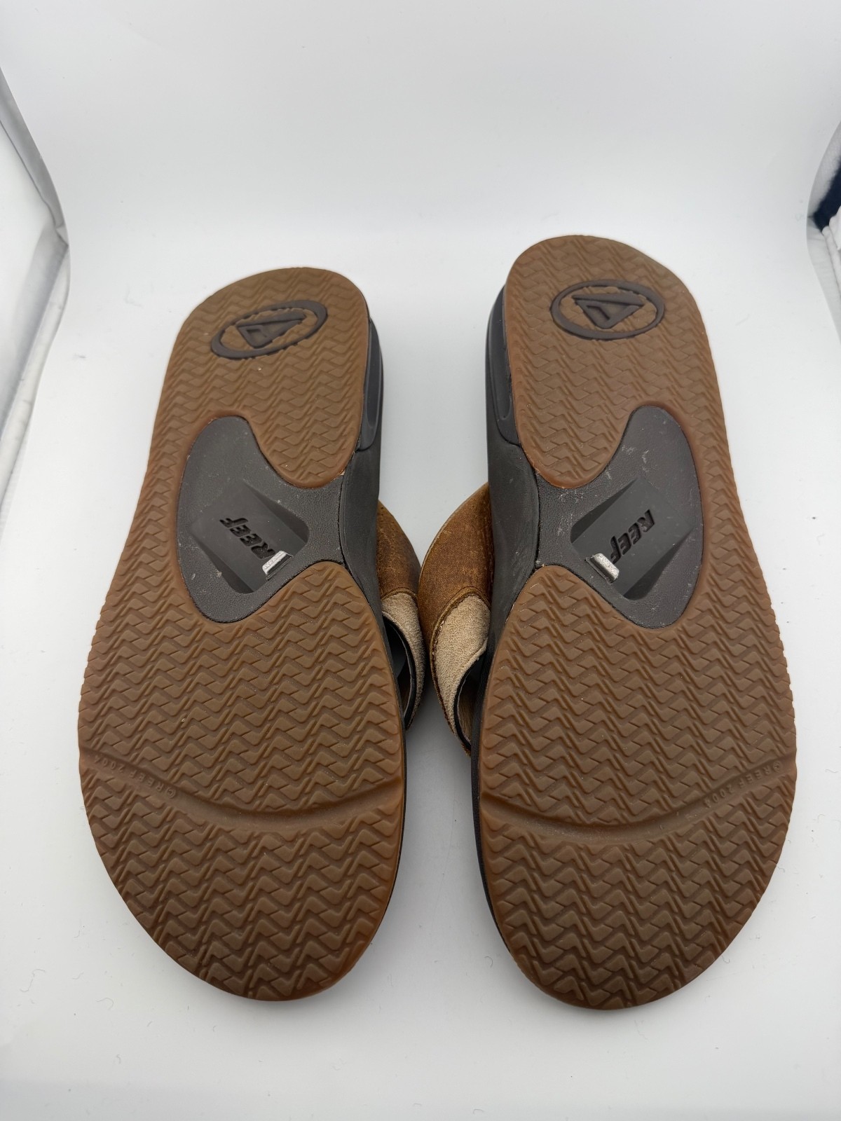 Reef Fanning Flip Flops with Bottle Opener, Brown Leather and Suede, Size 10