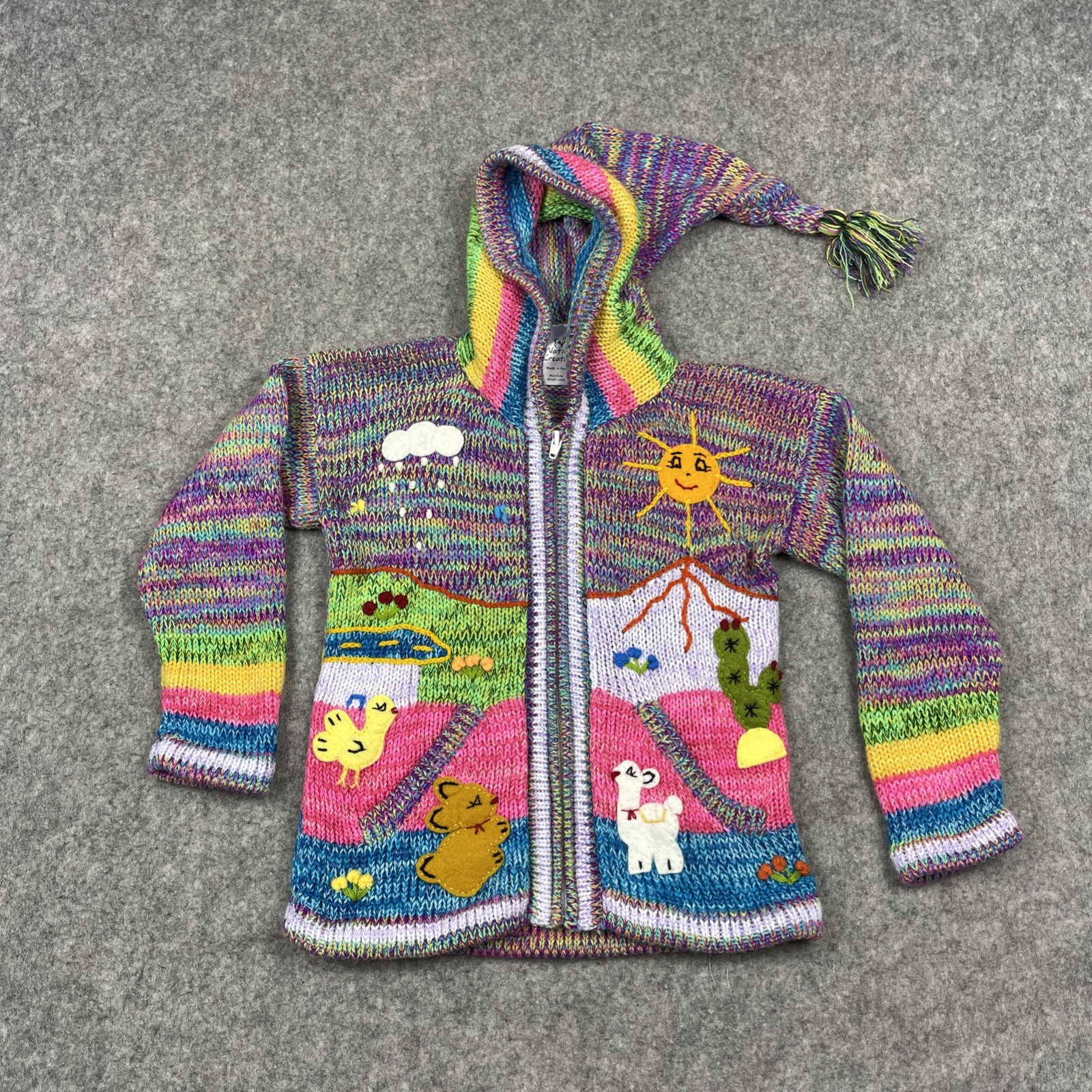 Native Creation Kids Knit Hooded Cardigan Sweater Peru Animals Farm Scene Size M