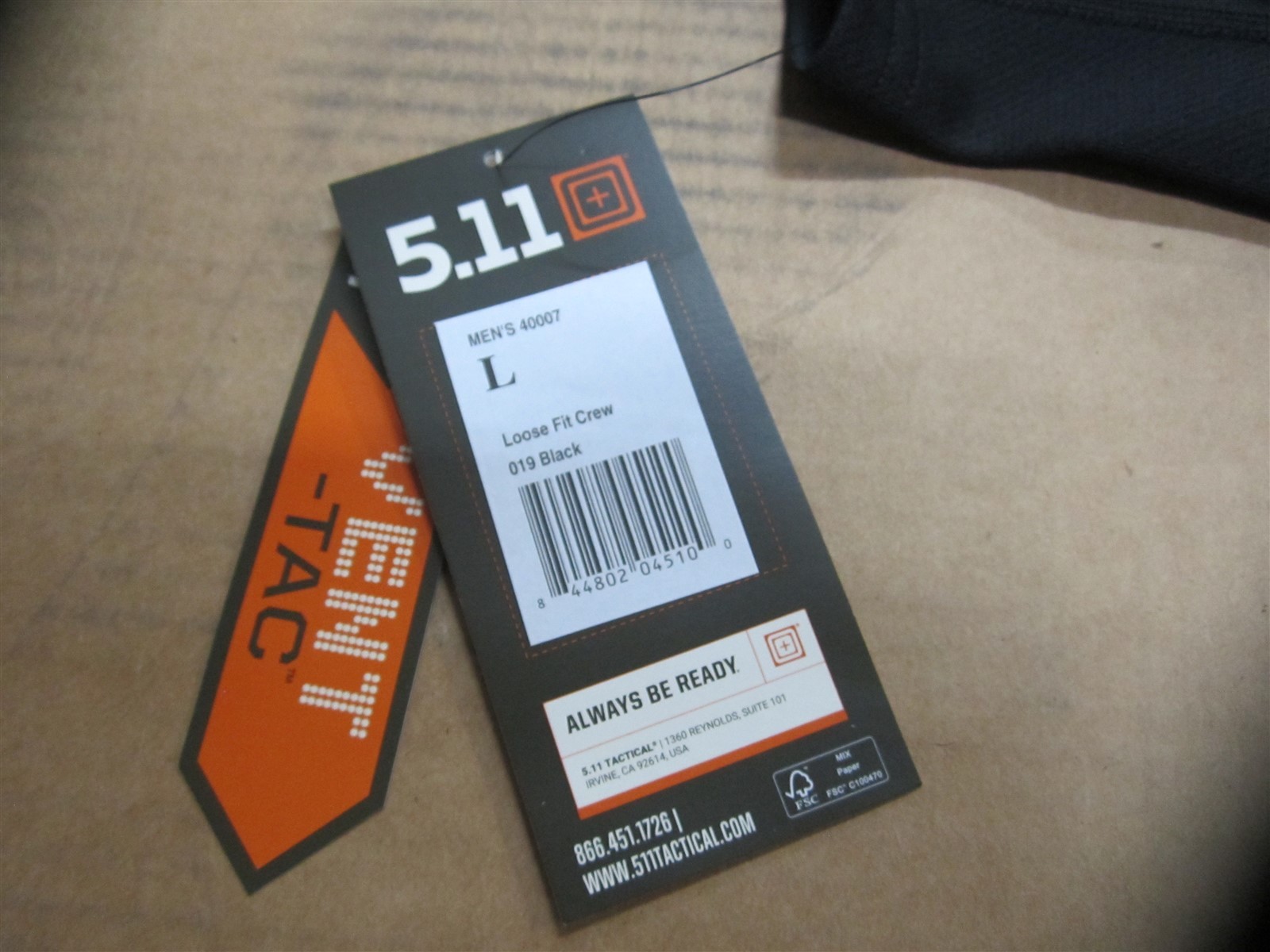 5.11 Tactical Men’s Size Large Black Loose Fit Crew Short Sleeve Shirt