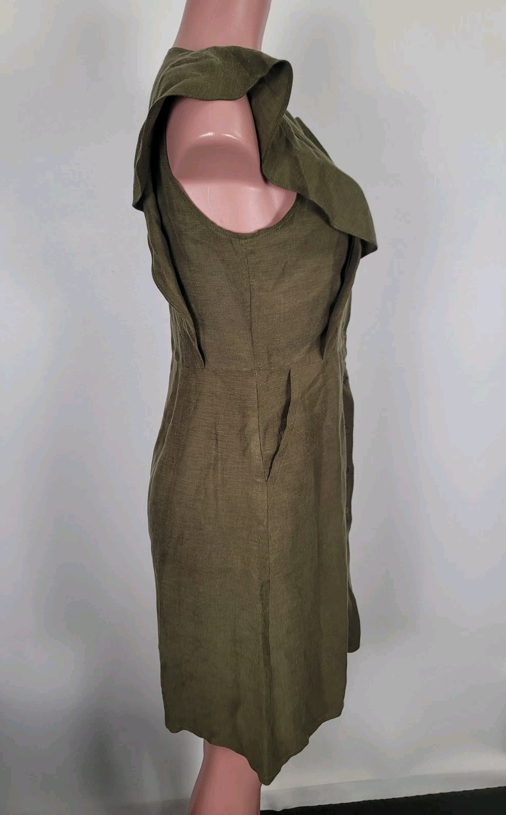 J. Crew Ruffle Sleeve Linen Cupro Blend Dress Olive Button Front Dress Size 6