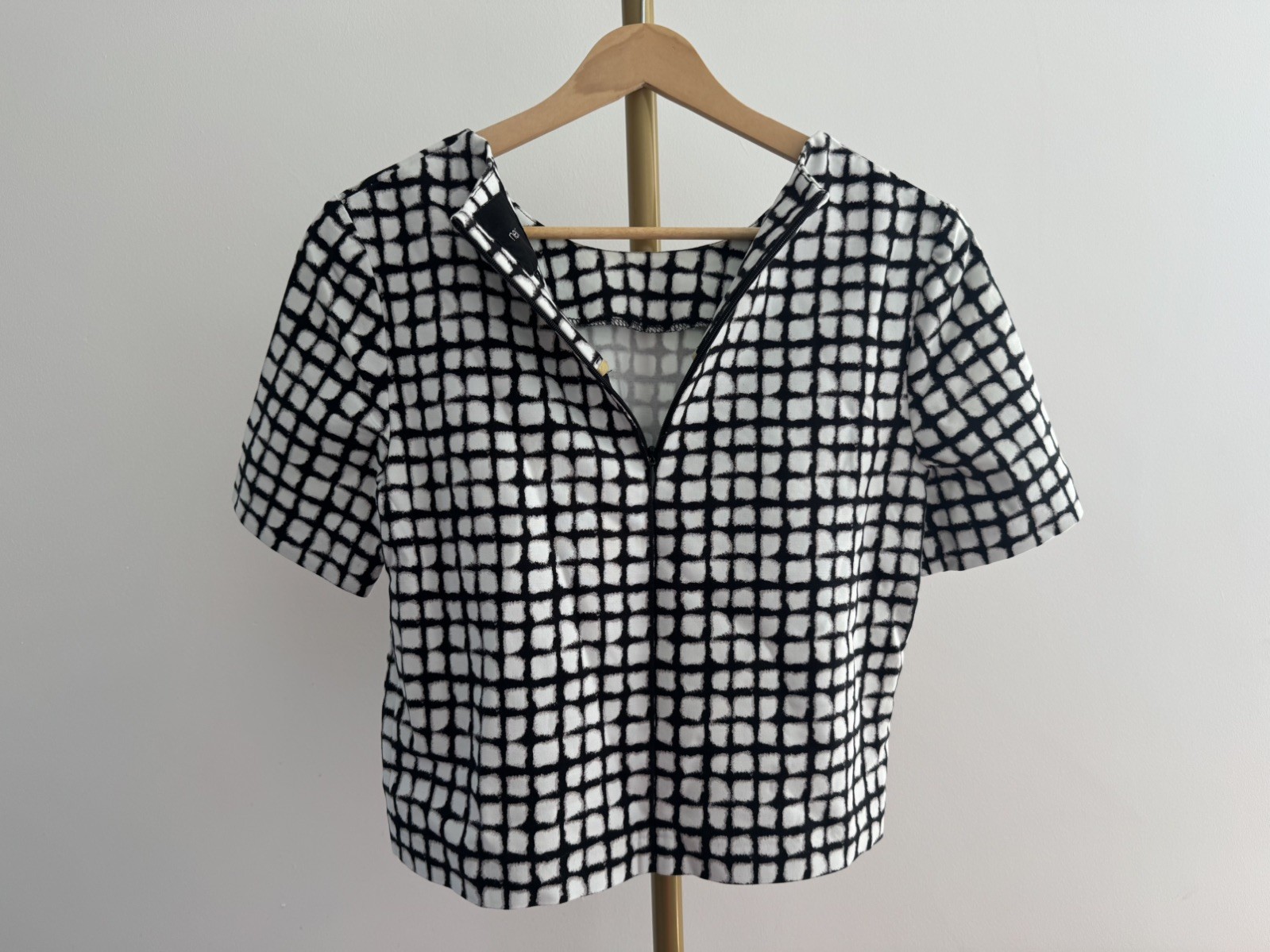 Next Black White Check Tailored Top UK 10 Short Sleeve Boxy Cotton Blend Blouse