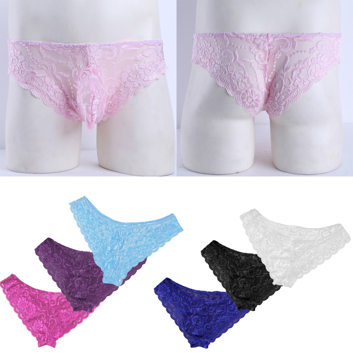 Mens Low Rise Bulge Pouch Briefs Underwear Sissy Sheer Lace Floral Lace Panties
