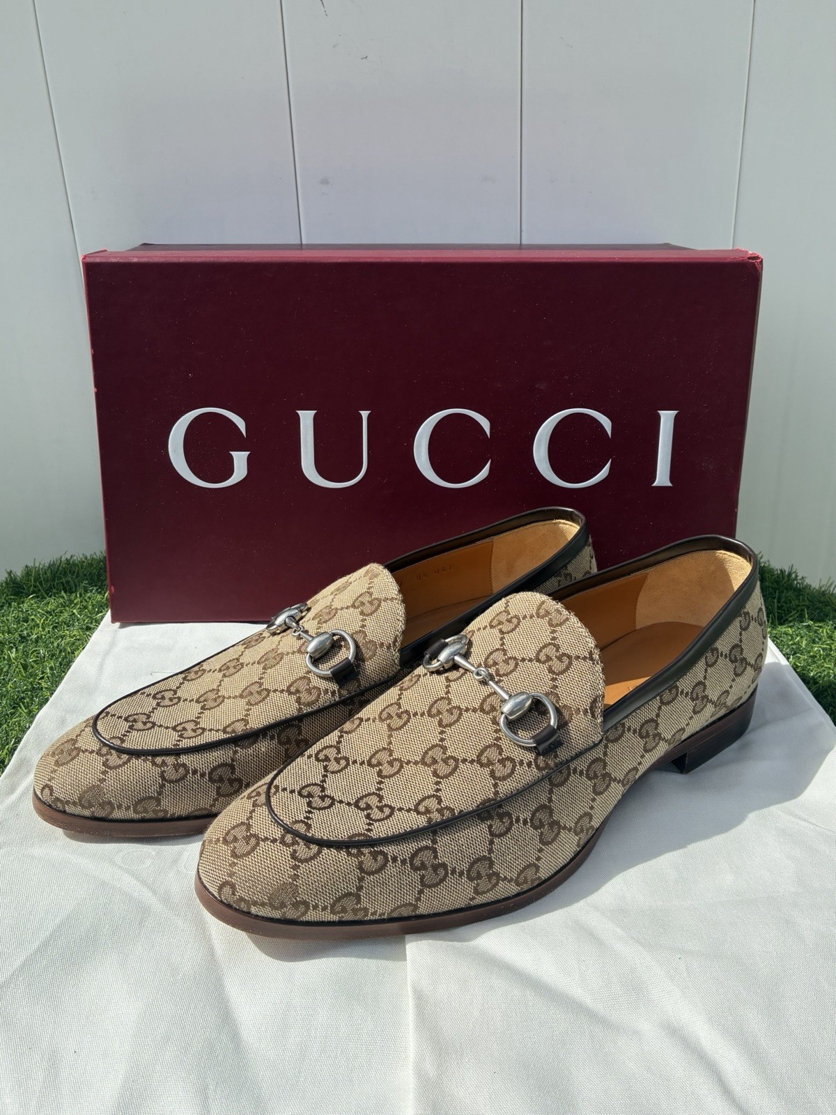 GUCCI CLASSIC BEIGE EBONY GG SUPREME MONOGRAM HORSEBIT JORDAAN LOAFERS G8.5 US9