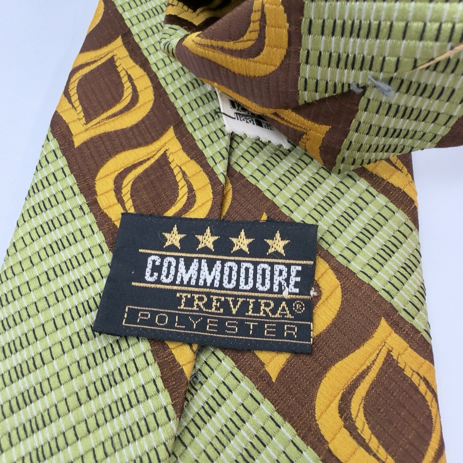 VTG Commodore Trevira Polyester Wide Tie Brown Green Gold Geometric Mod 54 x 4″