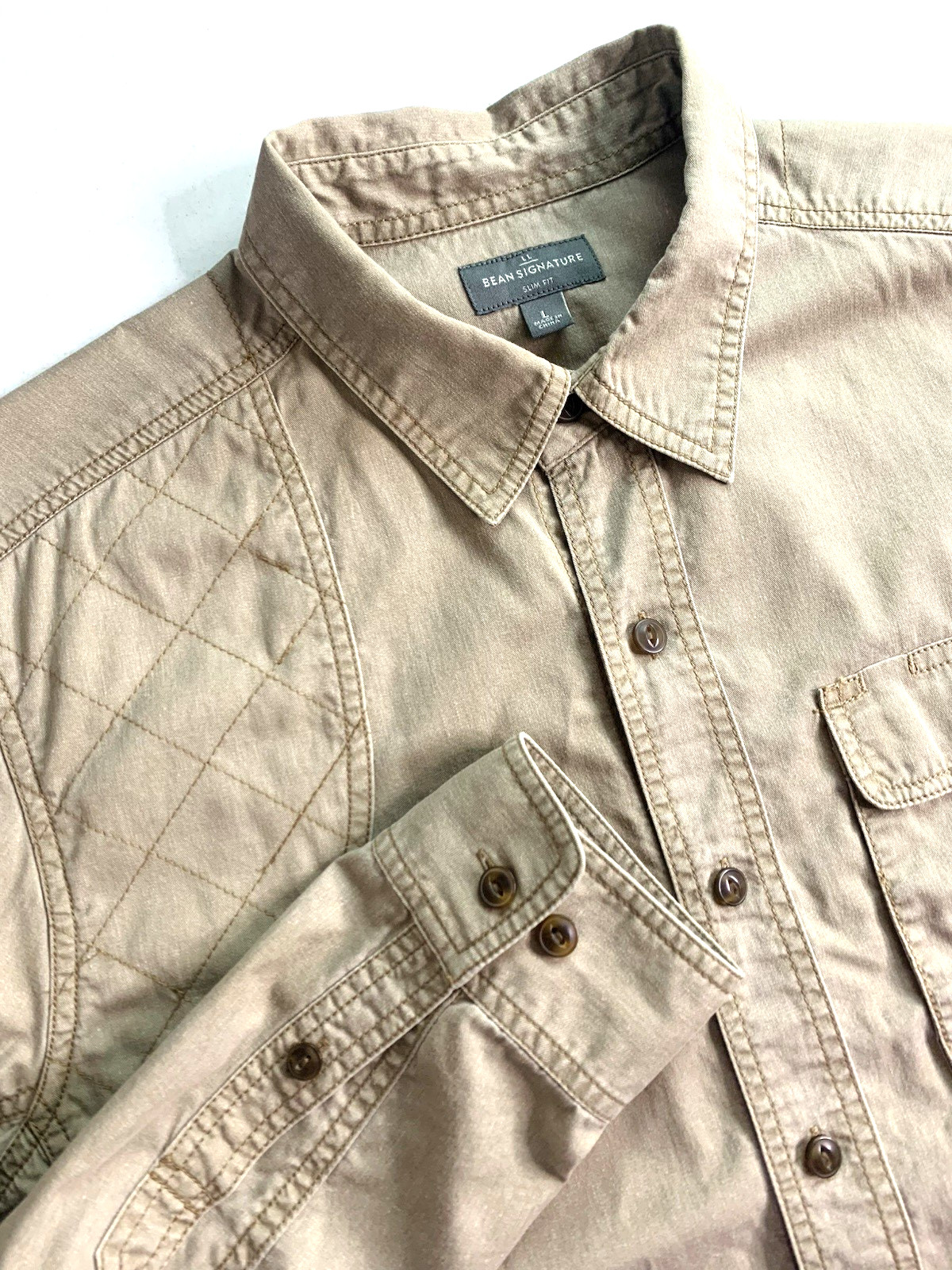 LL Bean Signature Men L Khaki Shirt Work Hunt Quilted Shoulder Slim Fit Safari