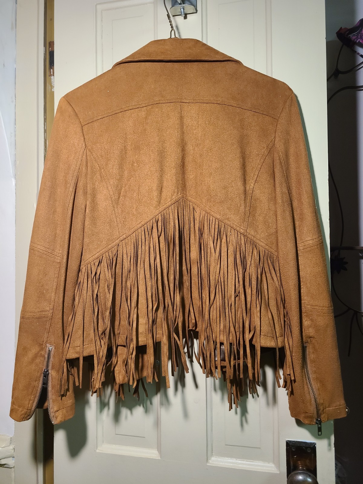 Womens Cripple Creek Genuine Suede Leather Zip Jacket With Fringe Front And Back