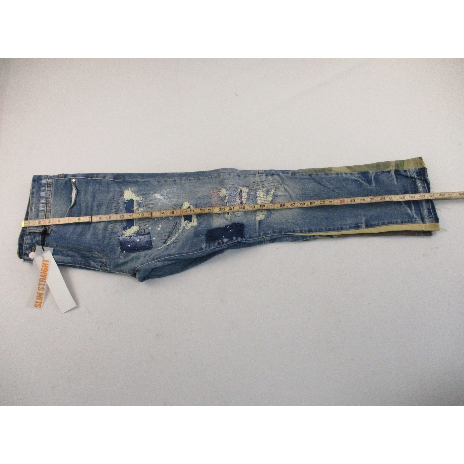 First Row Jeans Mens 36 Blue Slim Straight Distressed Patchwork Camo Utility