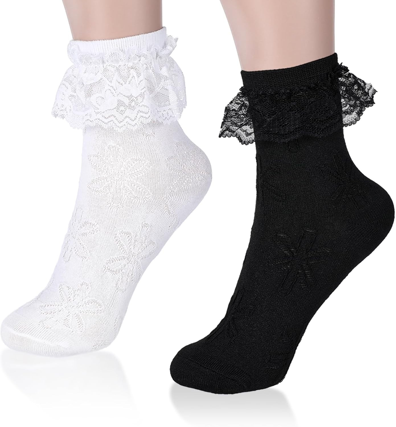 2pairs White Ruffle Socks for Women Turn-Cuff Lace Frilly Ankle Comfortable