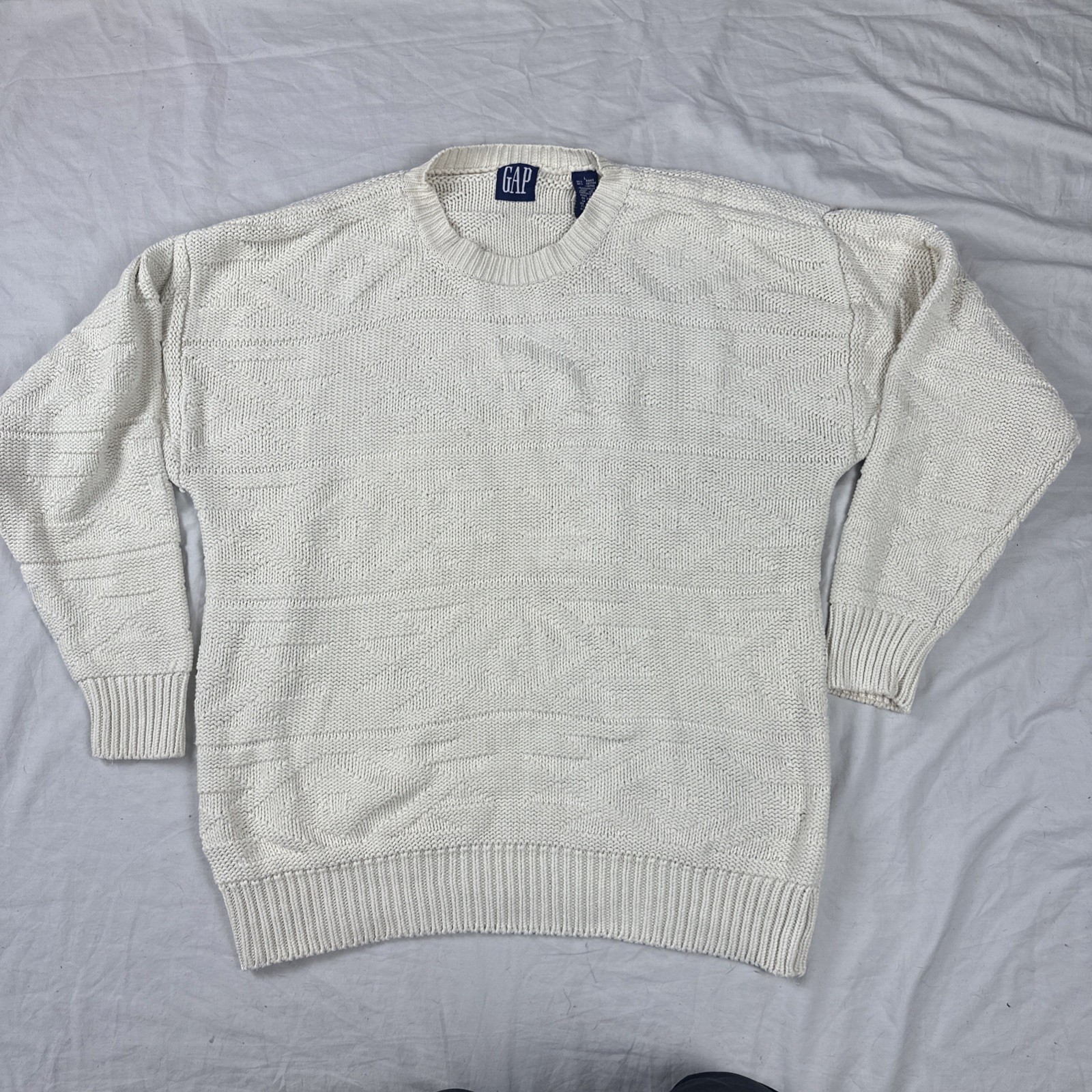 Vintage 90s Gap Men’s L Pullover Cotton Ramie Sweater Chunky Knit Cream