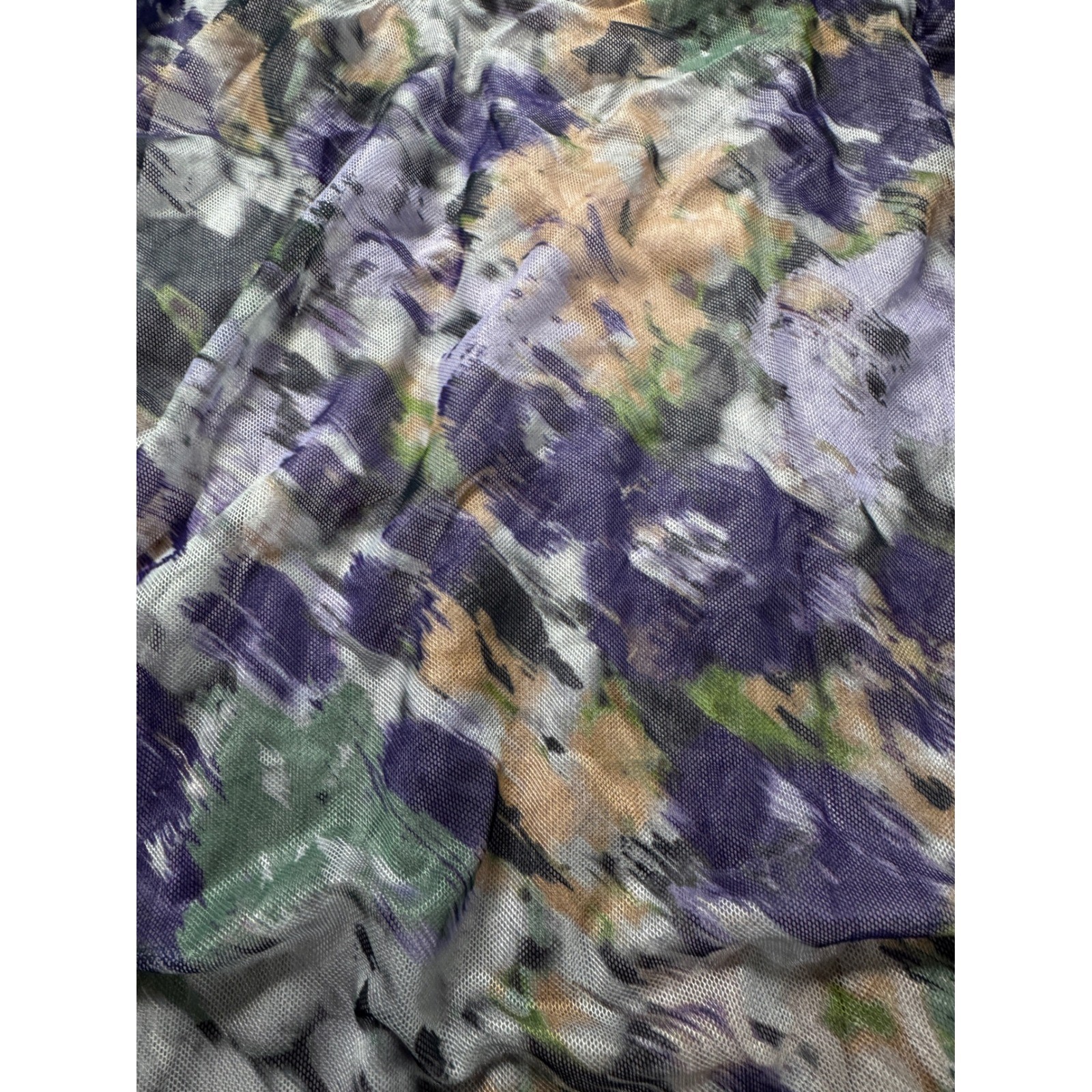Chicos Ruched Mesh Midi Dress Purple Floral Sleeveless Mock Neck Size 2 L 12/14