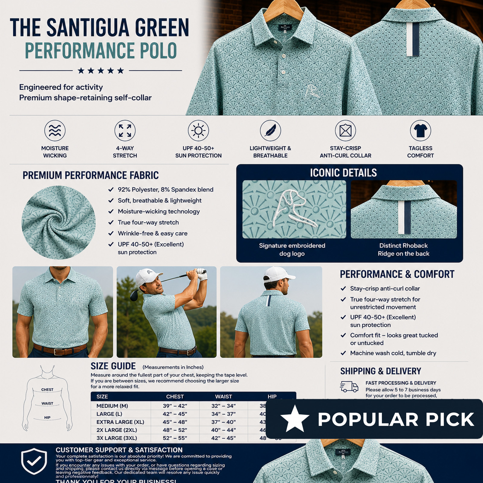 ⭐Rhoback The Back Tee Santigua Green Men’s Performance Golf Polo⭐