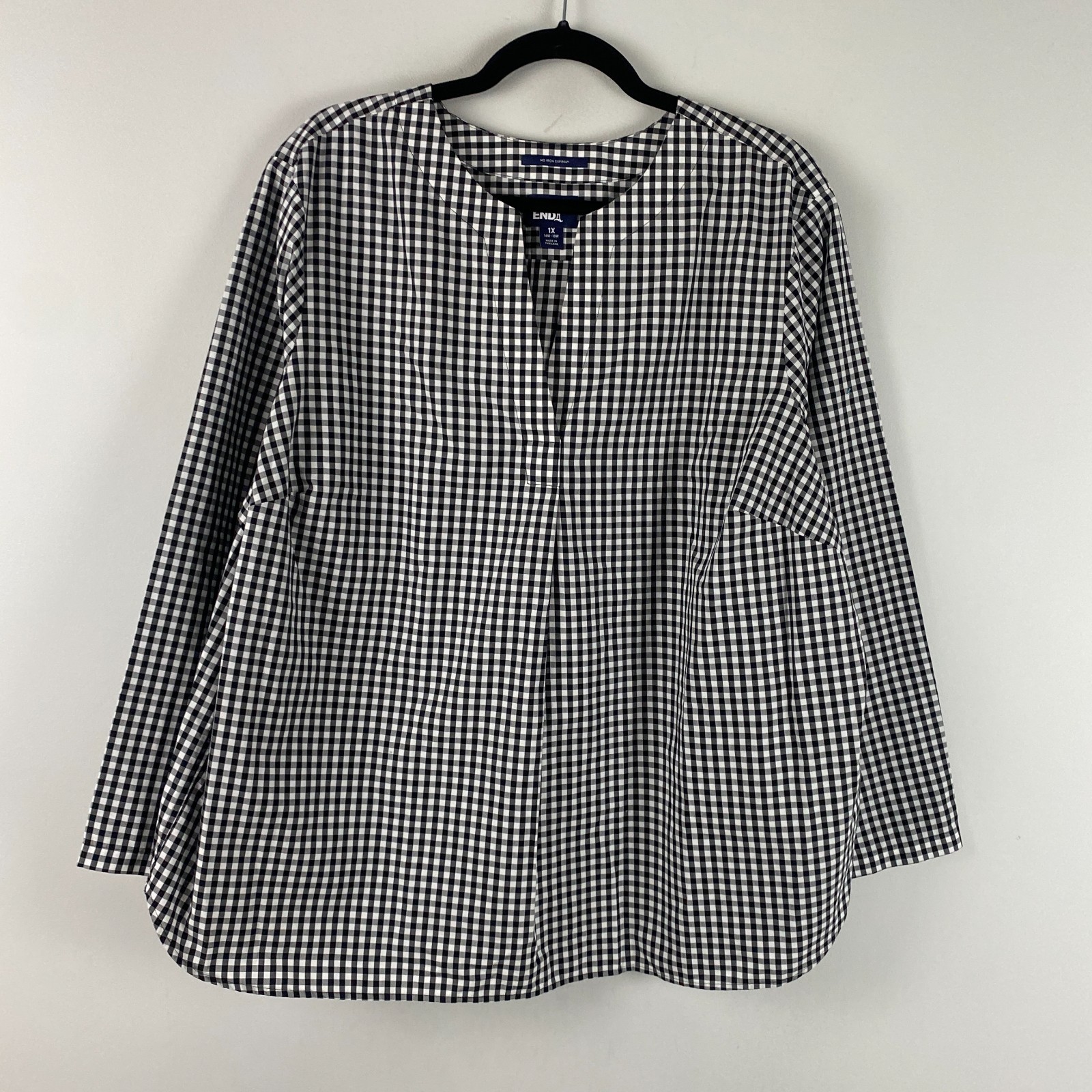 Lands End No Iron Supima Popover Blouse Size 1X Black White Gingham Plaid