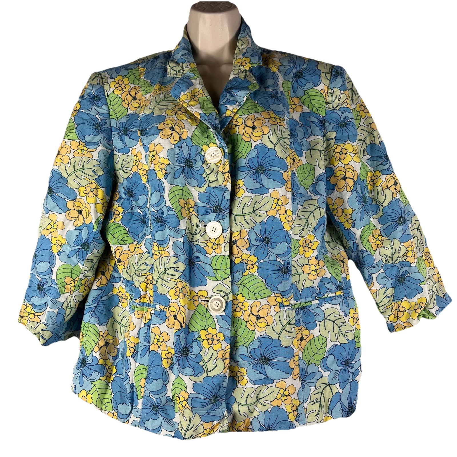 Norton McNaughton Jacket Women’s Size 14 Floral Linen Blend 3/4 Sleeve Lined
