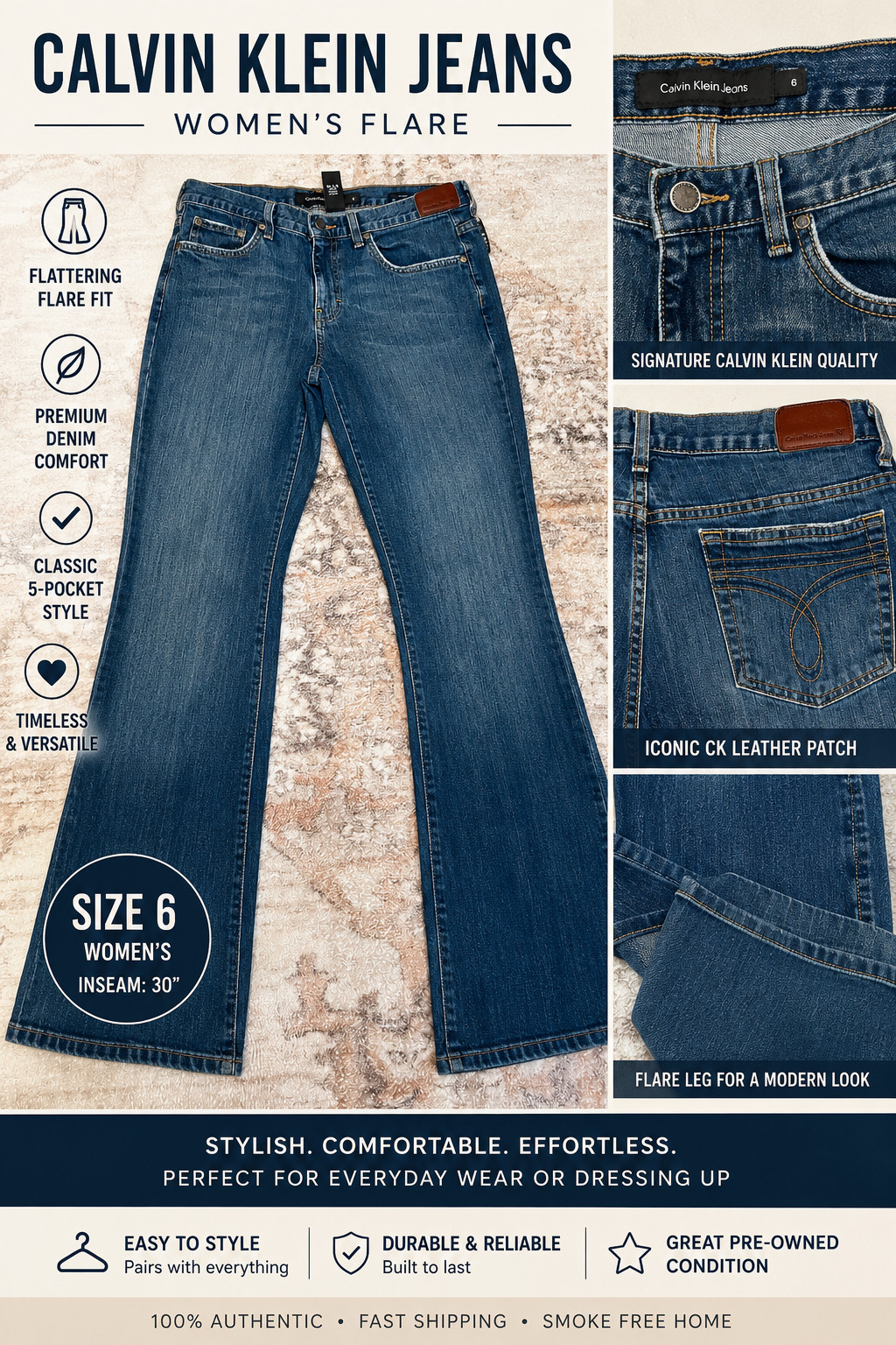 Calvin Klein Jeans Women’s Size 6 Flare Leg Blue Denim Stretch Classic 5-Pocket