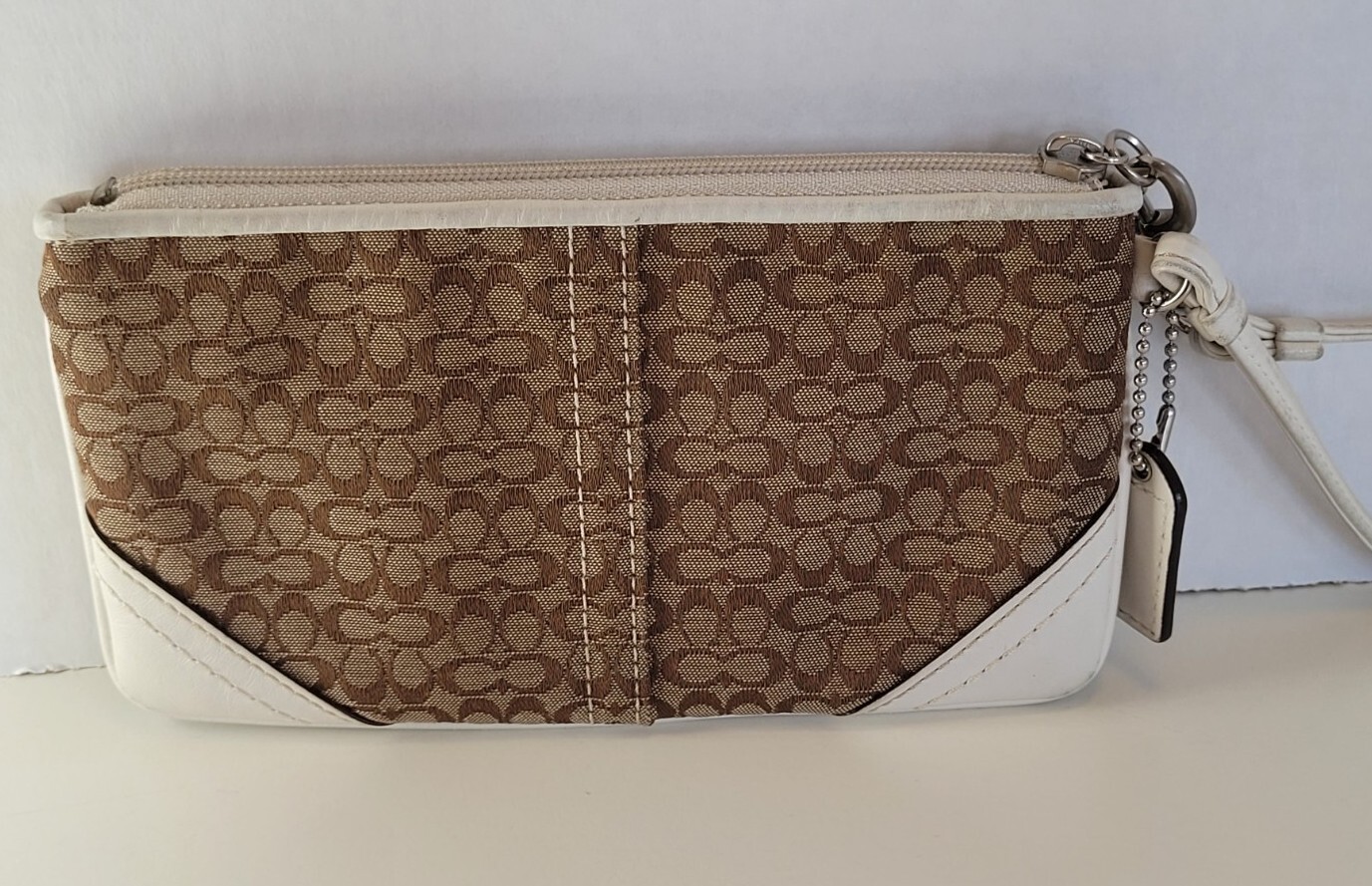Coach Wristlet Wallet Brown Monogram CC Canvas White Leather Trim Strap
