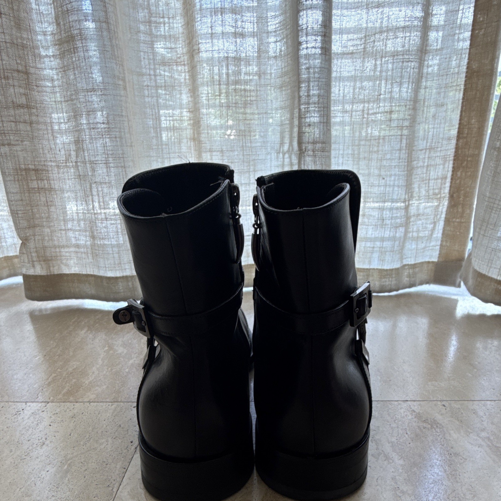 Cesare Paciotti Men’s Black Leather Ankle Harness Boots Round Toe Zip 10