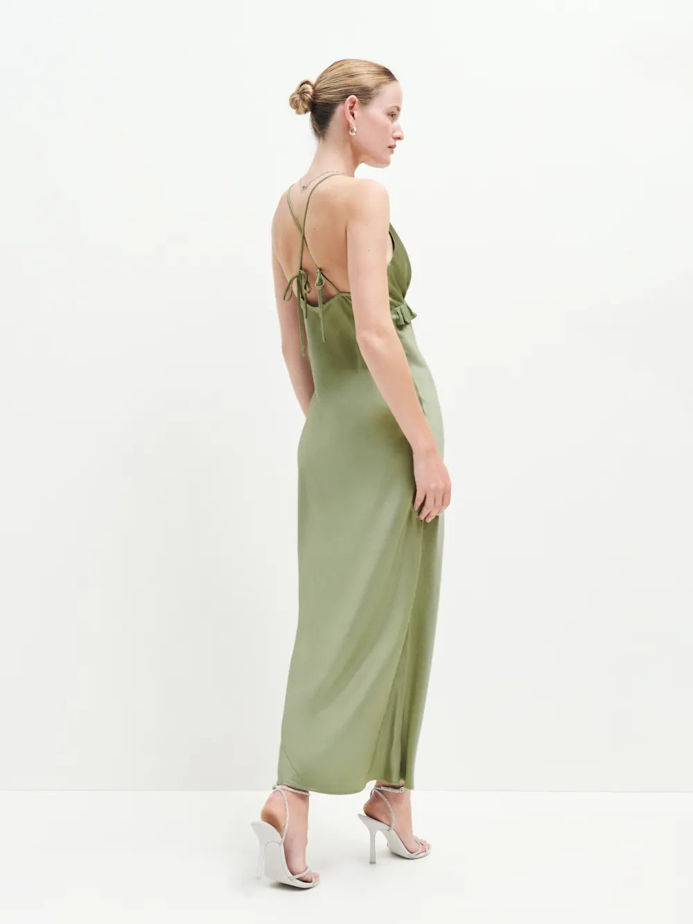 Reformation NWT Madrigal Artichoke Green Satin Maxi Slip Dress Size S
