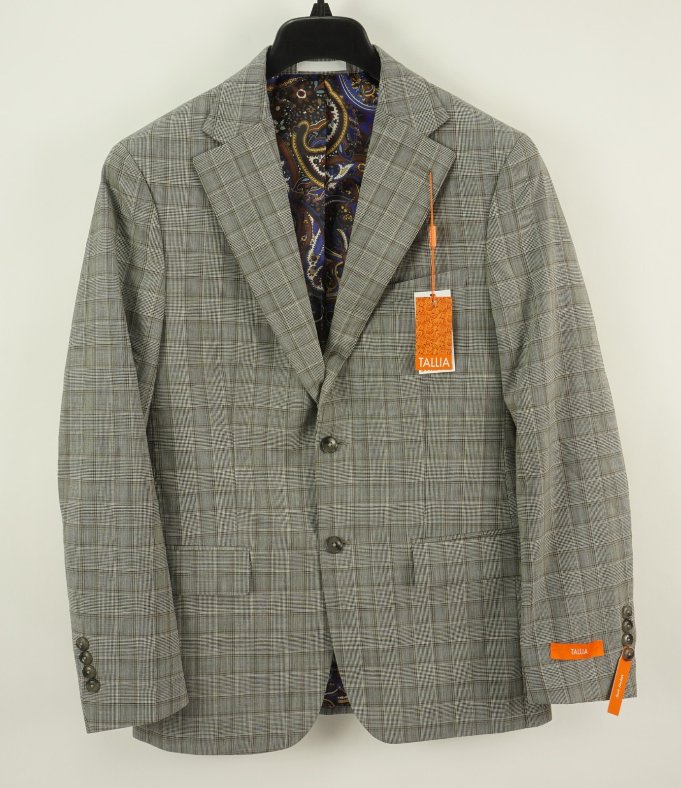New $425 Tallia Verdello Men’s 38R Cream Gray Brown Woven Wool Plaid Suit Jacket