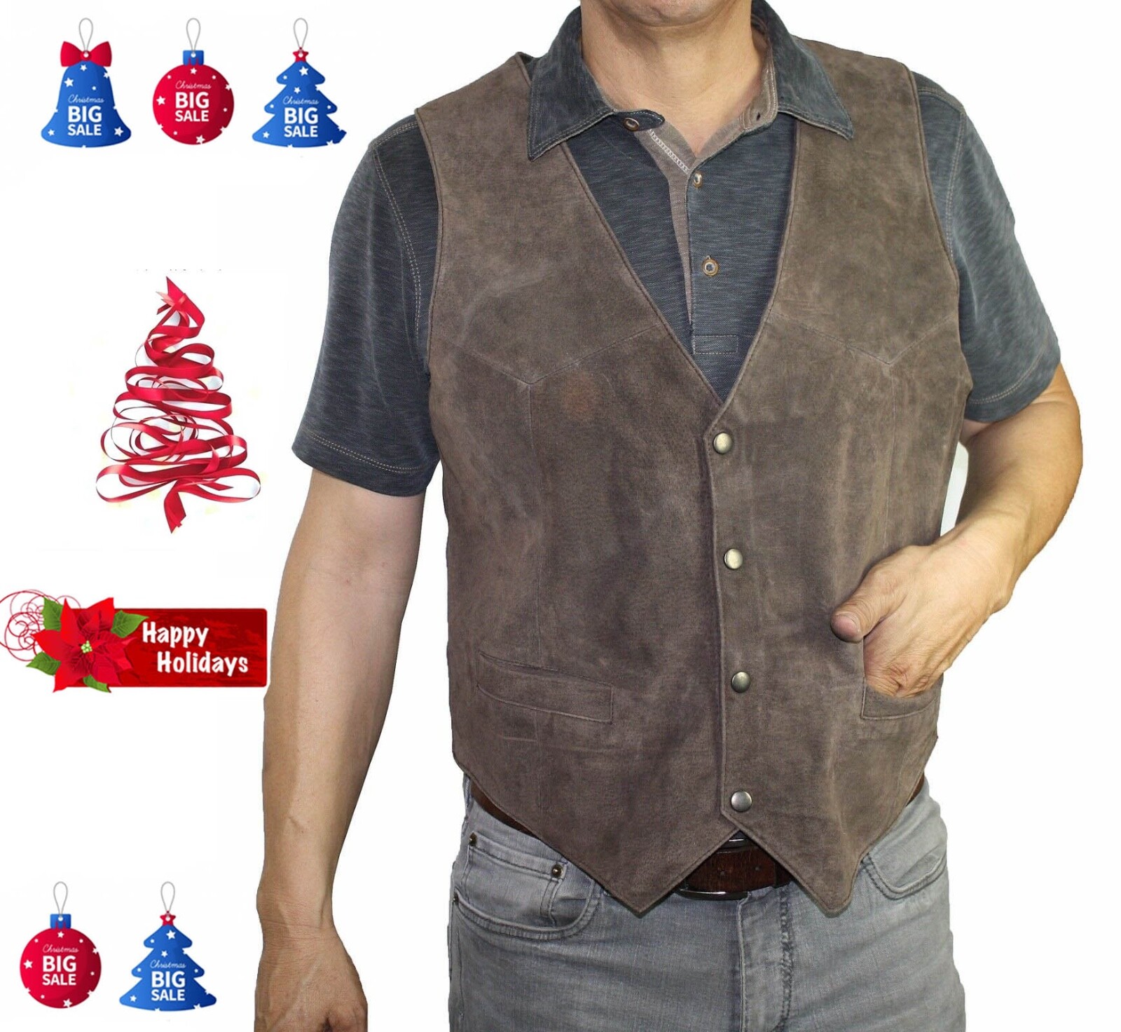 Men’s genuine soft suede brown leather snap closure western/biker vest