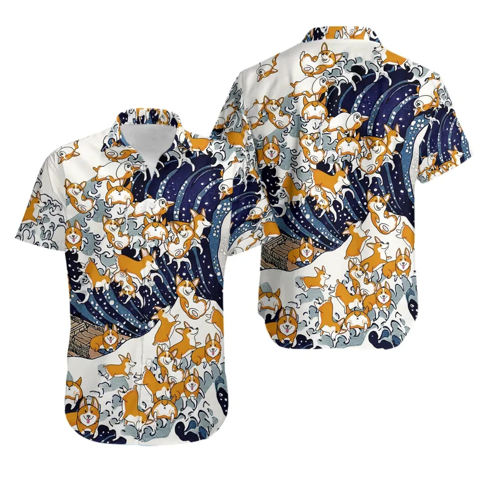Funny Surfing Corgi Dog Hawaiian Button Down Men Japanese Wave Pet Lover