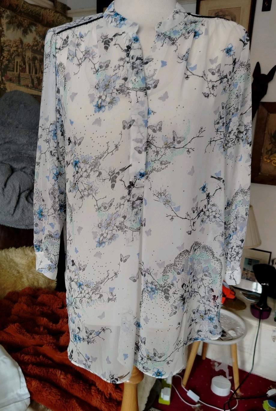 Dorothy Perkins Sheer Tunic Blouse Bird Butterfly Floral Print , Blues, Sz 14