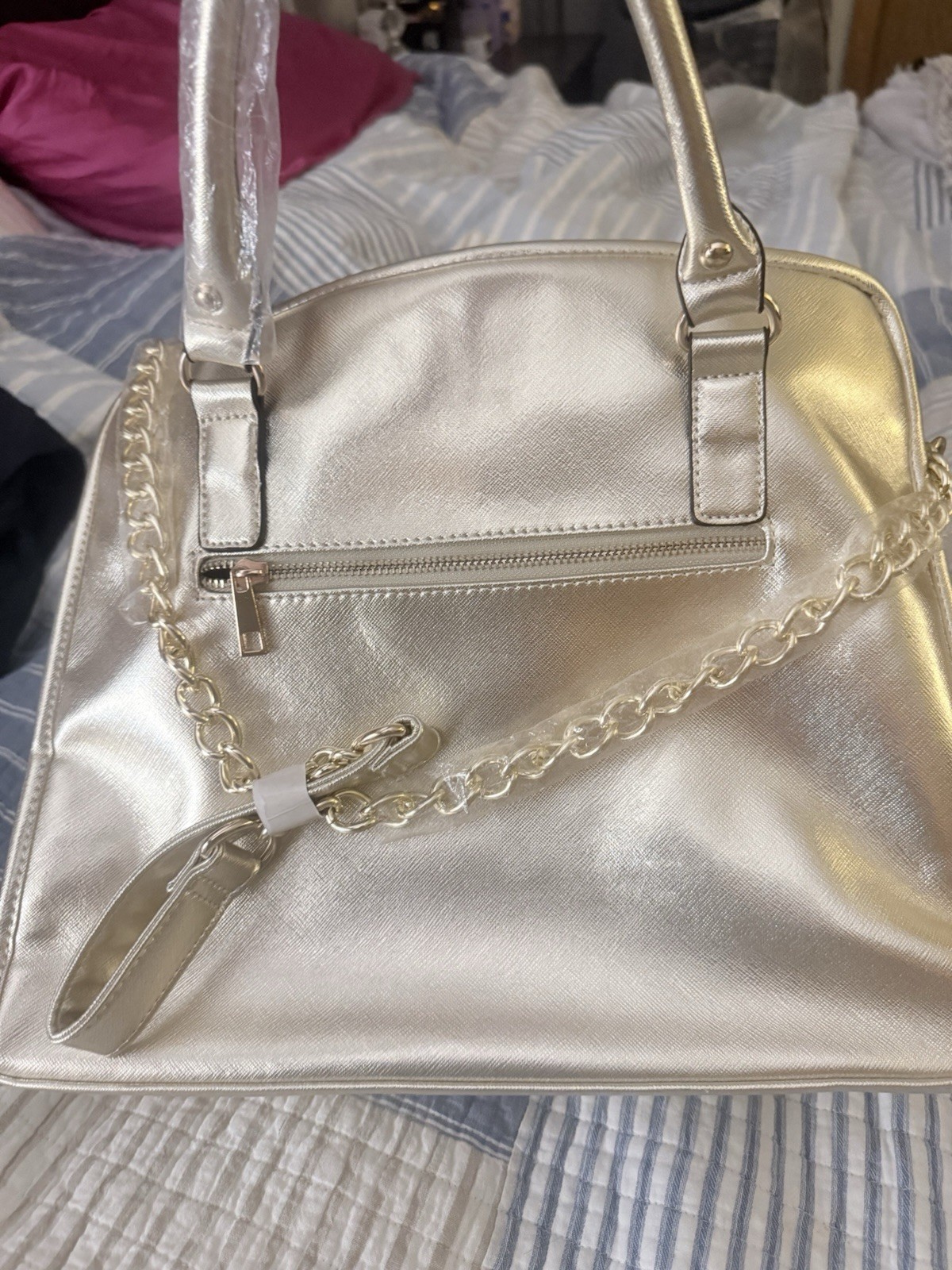 Metallic Gold Studded Satchel Top Handle Bag Zip Detachable Chain Strap Pockets