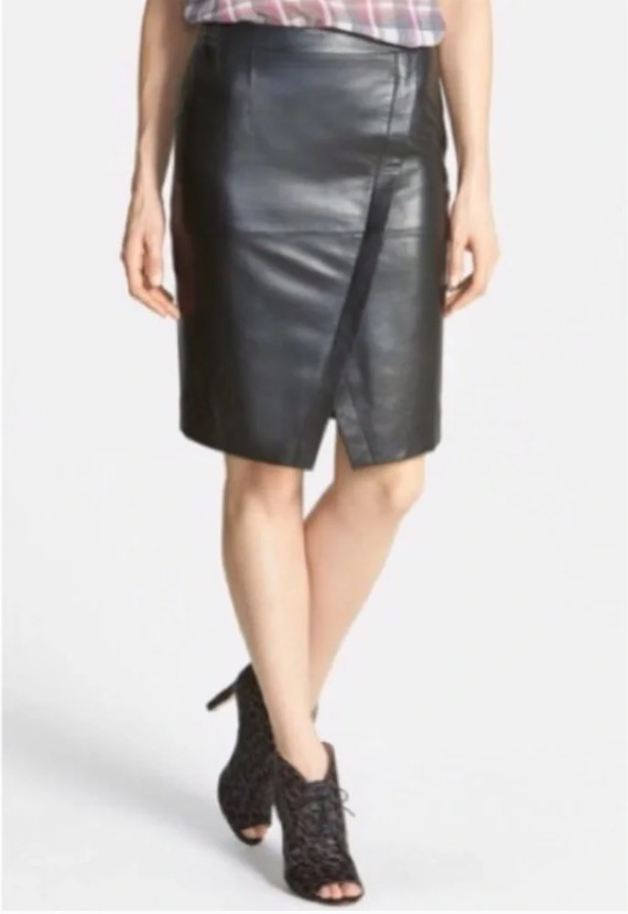 Halogen Leather Pencil Skirt Above-the-Knee with Diagonal Front Seam EUC Size 4