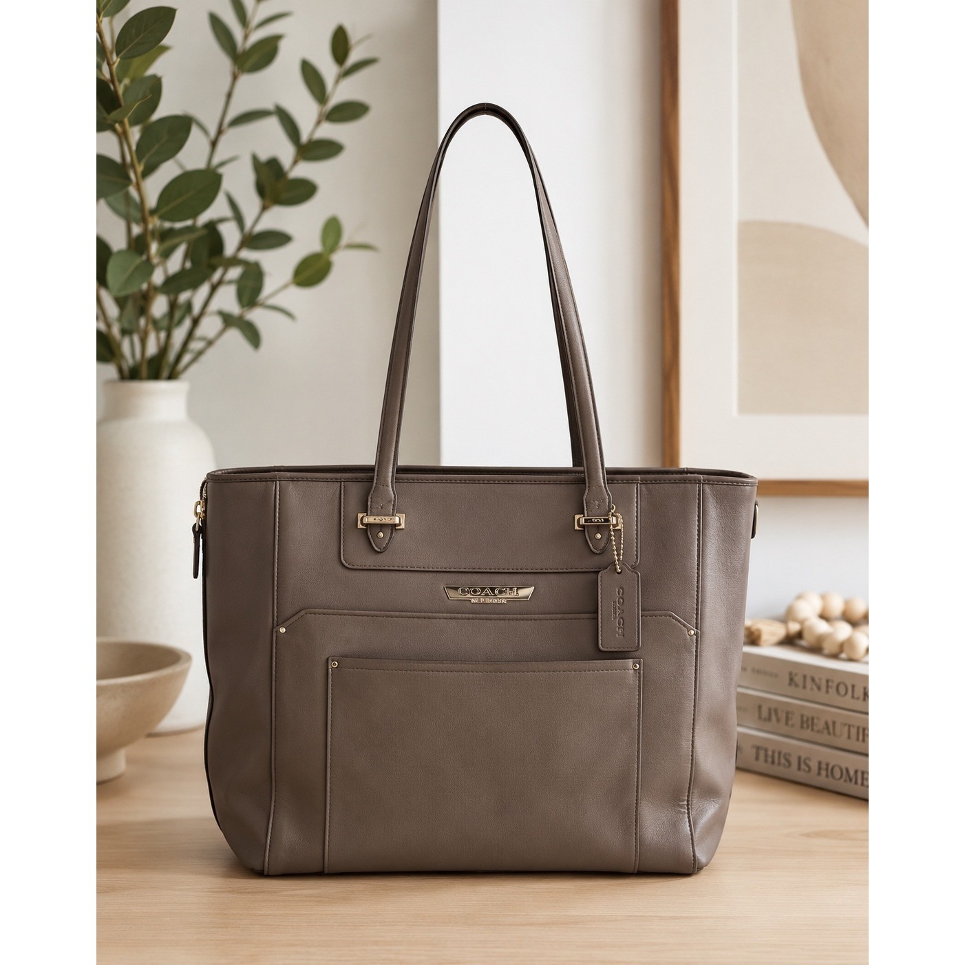 Coach Gallery Tote Taupe Leather Shoulder Bag Gold Hardware F79608ll large tote