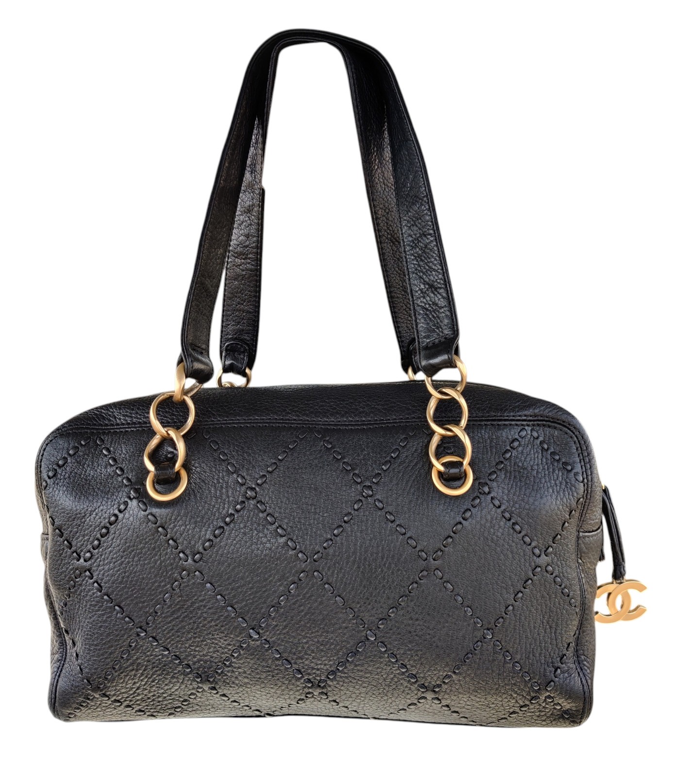 Vintage Chanel Black Leather Bowling Bag Surpique Gold CC Zip Authentic Shoulder