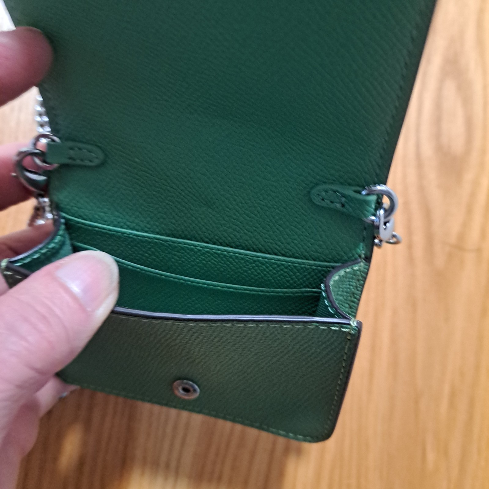 Coach Mini Wallet C0059 Soft Green Leather Silver Metallic Crossbody Chain
