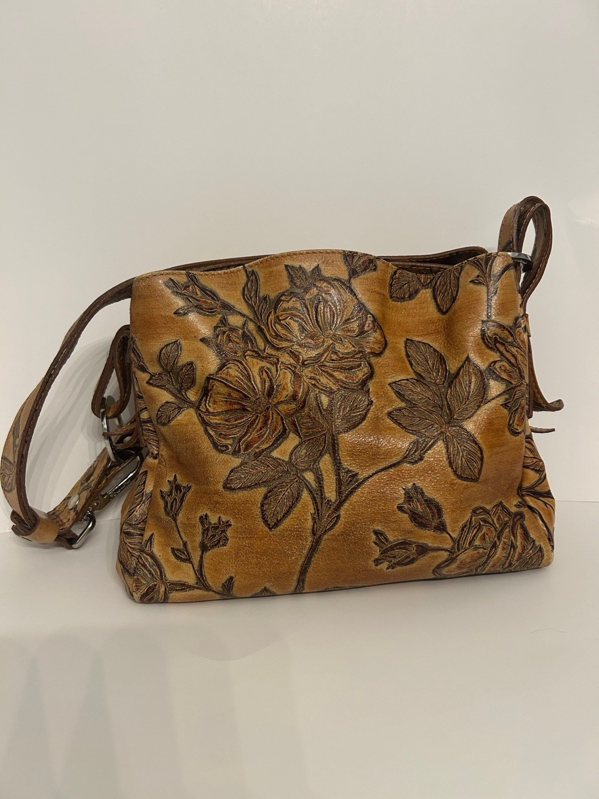 Cuoieria Fiorentina Brown Floral Embossed Crossbody Bag, Zip/Magnetic, Pockets
