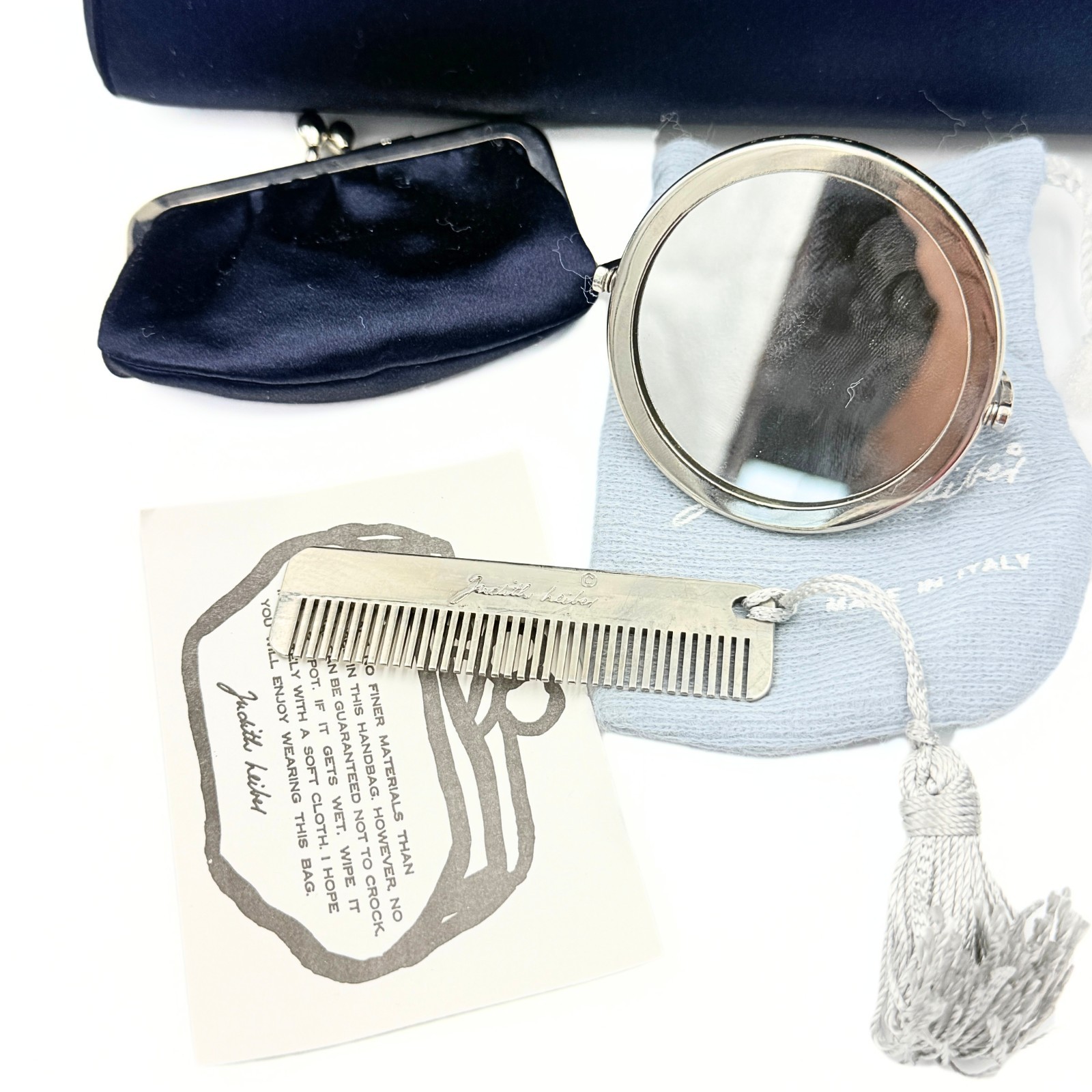 Judith Leiber Midnight Blue Satin Rhinestone O-Ring Top Handle Clutch Bag